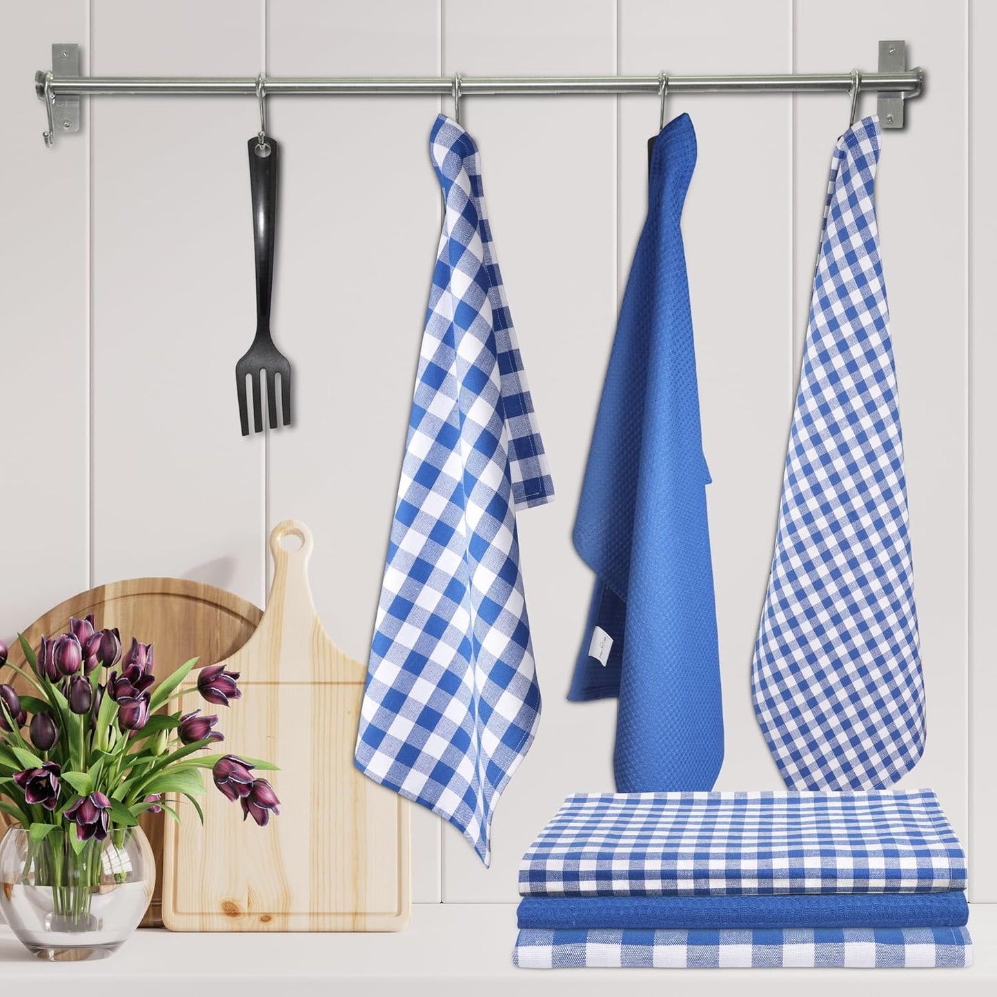 Kitchen Towels Set of 6 Soft Premium Cotton Highly Absorbent Dish Towels 18x28 Inches, Washable & Reusable Tea Towel, Quick Drying Dish Cloths with Hanging Loop - Blue/White, Checks
