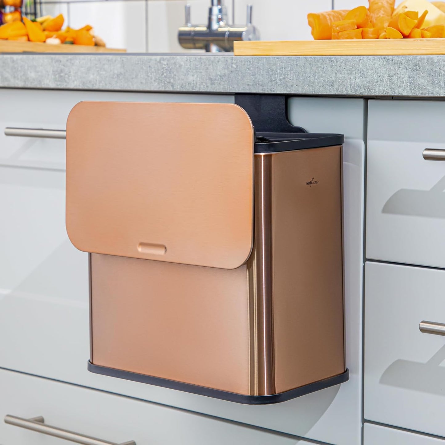 RedFactor Stainless Steel Hanging Trash Can with Lid and Inner Bucket – Slim 1.3 Gallon Odor-Free Compost Bin for Kitchen Cabinet, Countertop, Under Sink, or Bathroom (Copper)