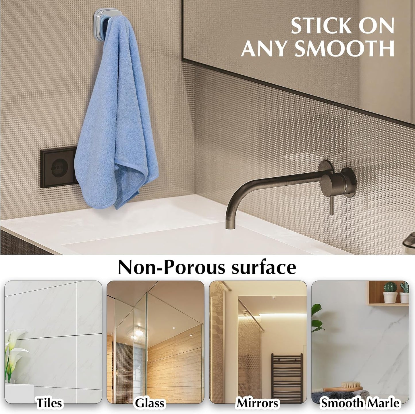 Suction Cup Hooks for Shower - Reusable No-Drill Mounting - Hooks for Towels, Robes & Loofah on Metal, Glass, Mirrors, Tile & Smooth Non-Porous Surfaces (4, Chrome Polished)