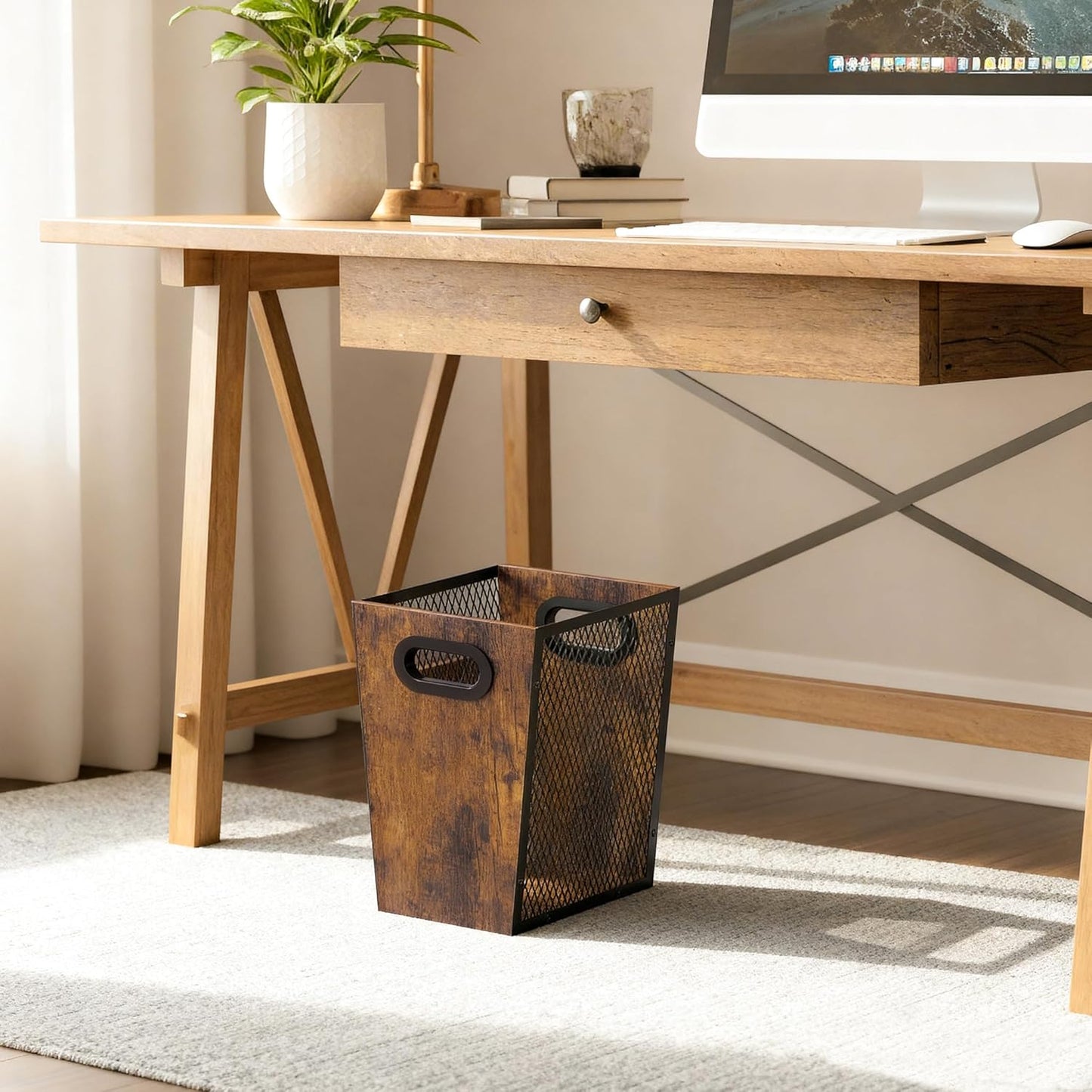 Piskyet Rustic Office Trash Can for Near Desk,7 Gallon Unique Wood Bedroom Garbage Can,Vintage Wastebasket with Handle, Decorative Trash Can for Home Office,12.2" L x 9.6" W x 14.9" H,Rustic Brown