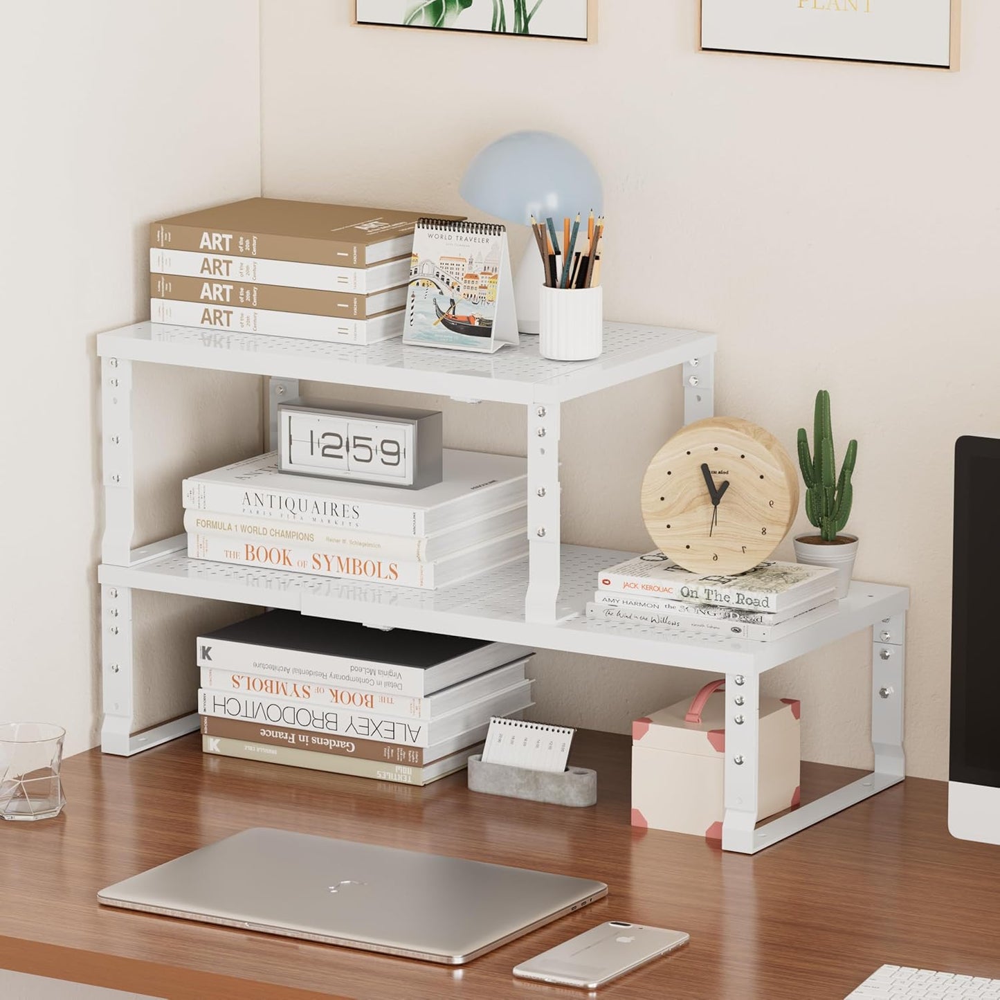 Metal Stackable Expandable Storage Shelf - Multi-Functional Home Storage Shelf, Suitable for Kitchen, Cabinet，Bathroom, Office, Garage, etc.（2PACKS/White/Large