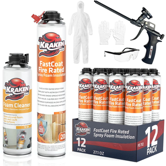 Kraken Bond Fastcoat Fire Rated Spray Foam Insulation Kit Closed Cell in a Can 240 sq ft (12x27.1 oz.) (R-Value 11.32 / 2in) - Spray Foam for Garage Door, Attic, Wall Gun & Cleaner Included, 12 Pack