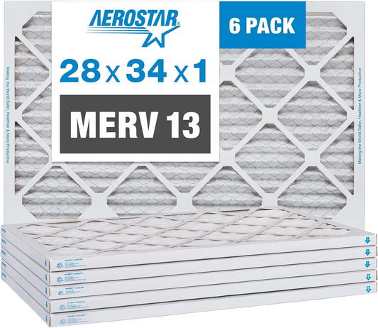 Aerostar 28x34x1 MERV 13-6 Count - Pleated Furnace & Air Conditioner Filters - Removes Bacteria, Dust, Cold & Flu Germs, Lint, Mold, Pet Dander, Allergy-Causing Pollen, Smog, Smoke & Viruses