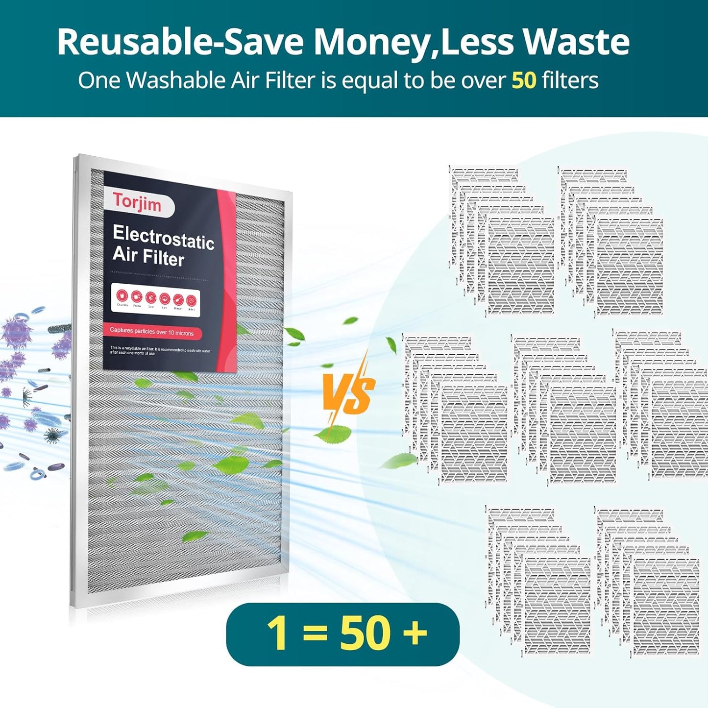 Torjim 20x24x1 Air Filter-MERV8, Washable & Reusable AC/HVAC Permanent Electrostatic Furnace Filters, Breathe Fresher, Easy Install