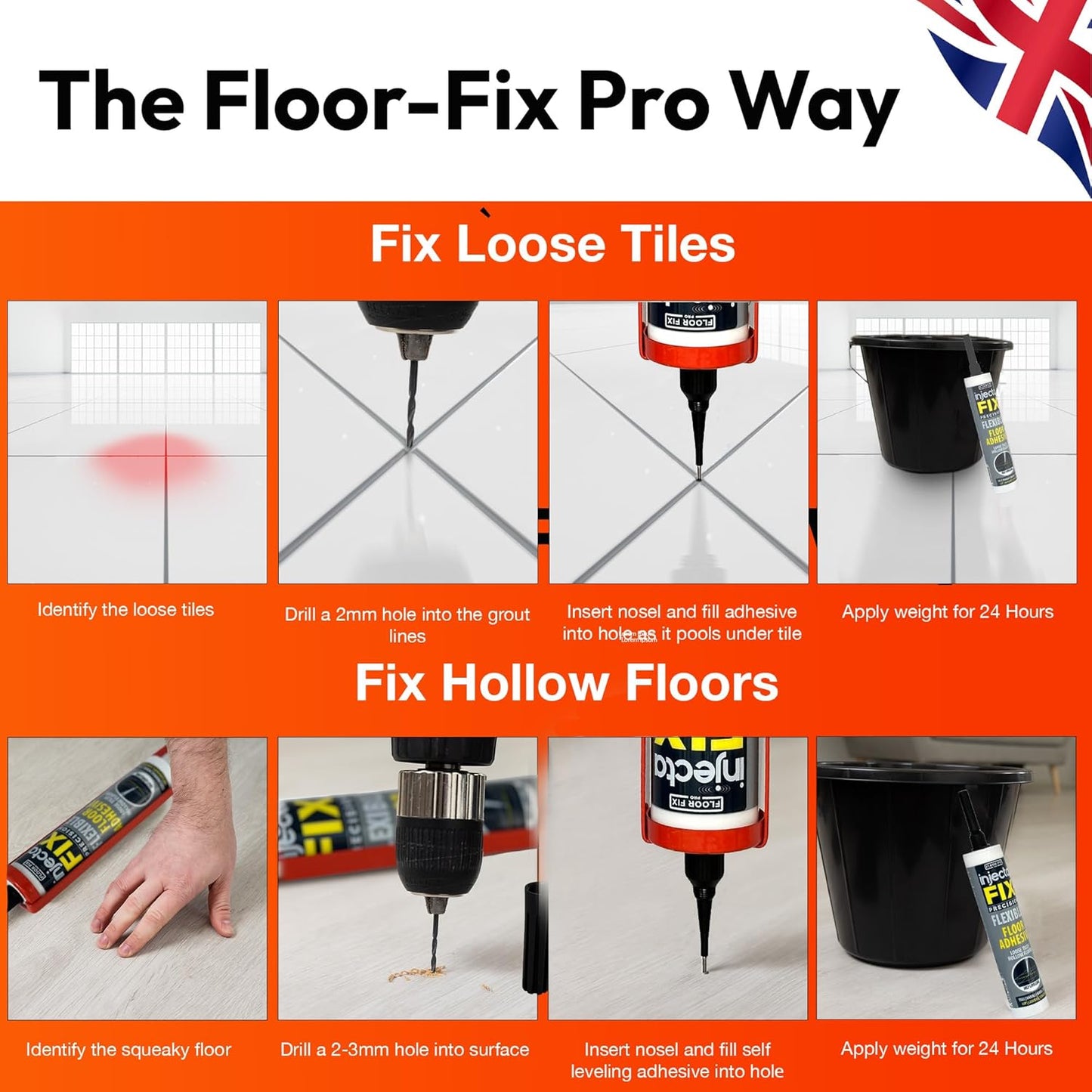 Precision 300ml from Floor-Fix Pro - Fix Loose Tiles - for Loose & Hollow Tiles, Wood, LVT & Laminate - Includes 1.9mm Syringe Tip - Adjustable to 6mm + Anti-Clog Performance (Pack of 3)