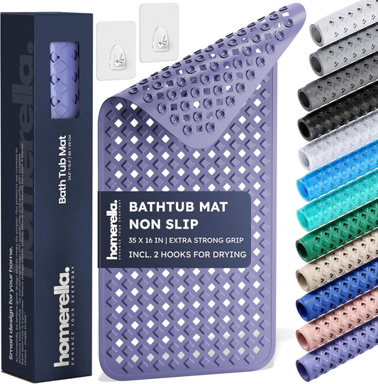 homerella® Bathtub Mat Non Slip 35x16, Incl. Hooks for Drying, Extra Long, 100% BPA Free, Shower Mat Non Slip Anti Mold, Machine Washable, Shower Mats for Inside Shower Mildew Resistant