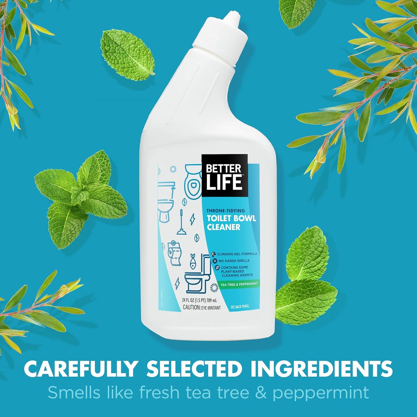 Better Life Toilet Bowl Cleaner, Plant-derived, Stain & Odor Remover, Tea Tree & Peppermint Scent Cleaning Gel, Liquid Bathroom Cleaners for Household, 24 Oz, Pack of 2