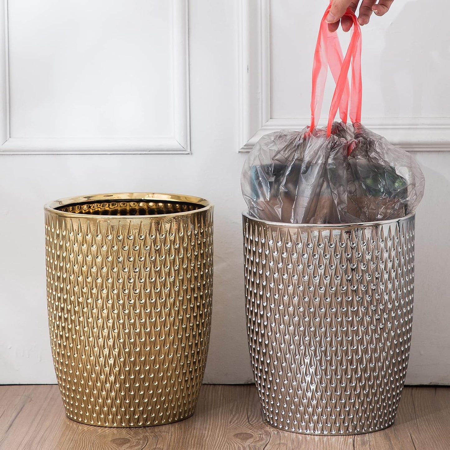 Modern Round Silver Small Trash Can Wastebasket, Garbage Container Bin for Bathrooms, Powder Rooms, Kitchens, Home Offices - Durable Ceramics - Round