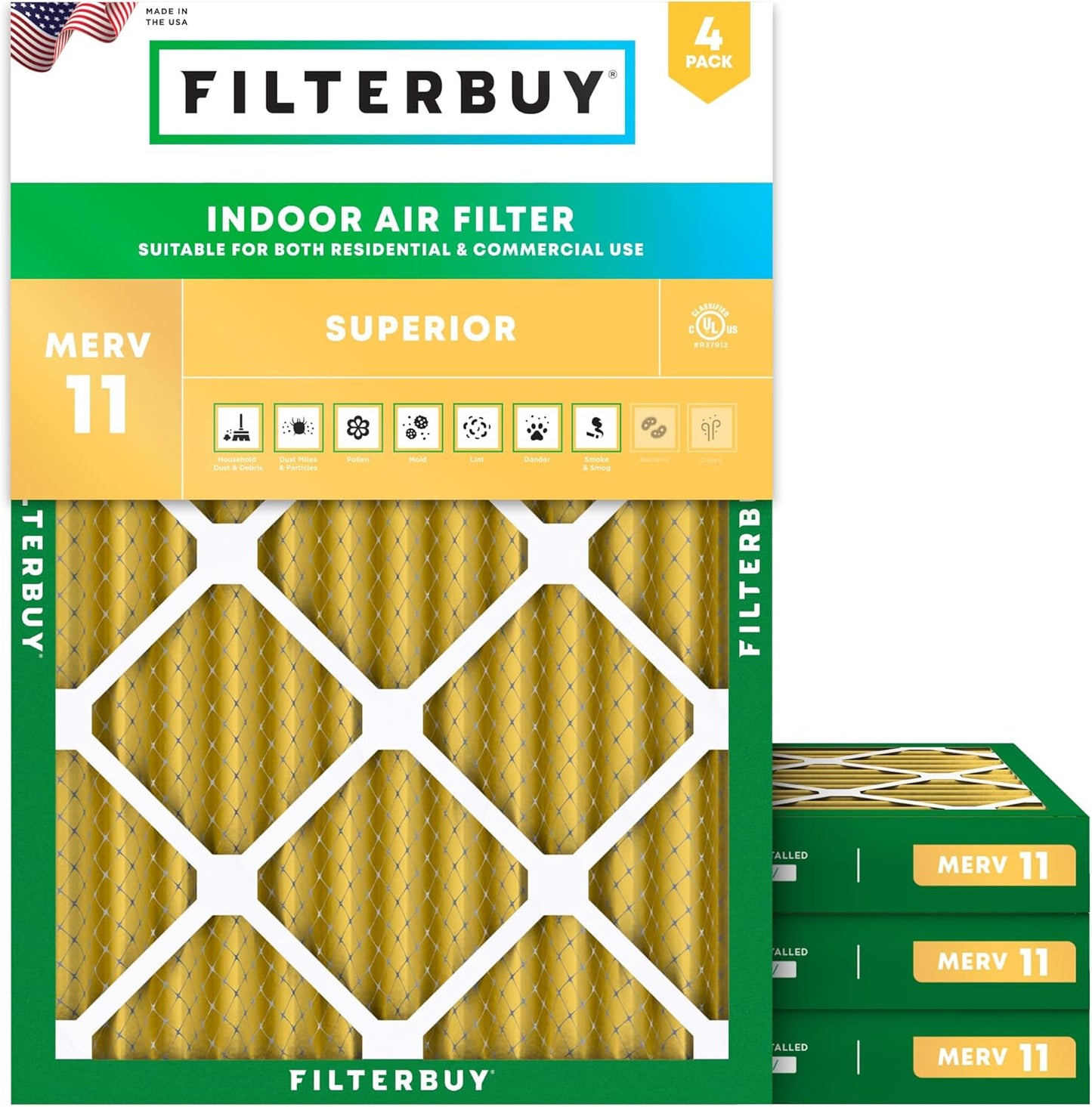 Filterbuy 14x20x2 Air Filter MERV 11 (MPR 1200) Allergen Defense Replacement (4-Pack), Electrostatic Pleated HVAC AC Furnace Filters, Made in USA (Actual Size: 13.50 x 19.50 x 1.75)
