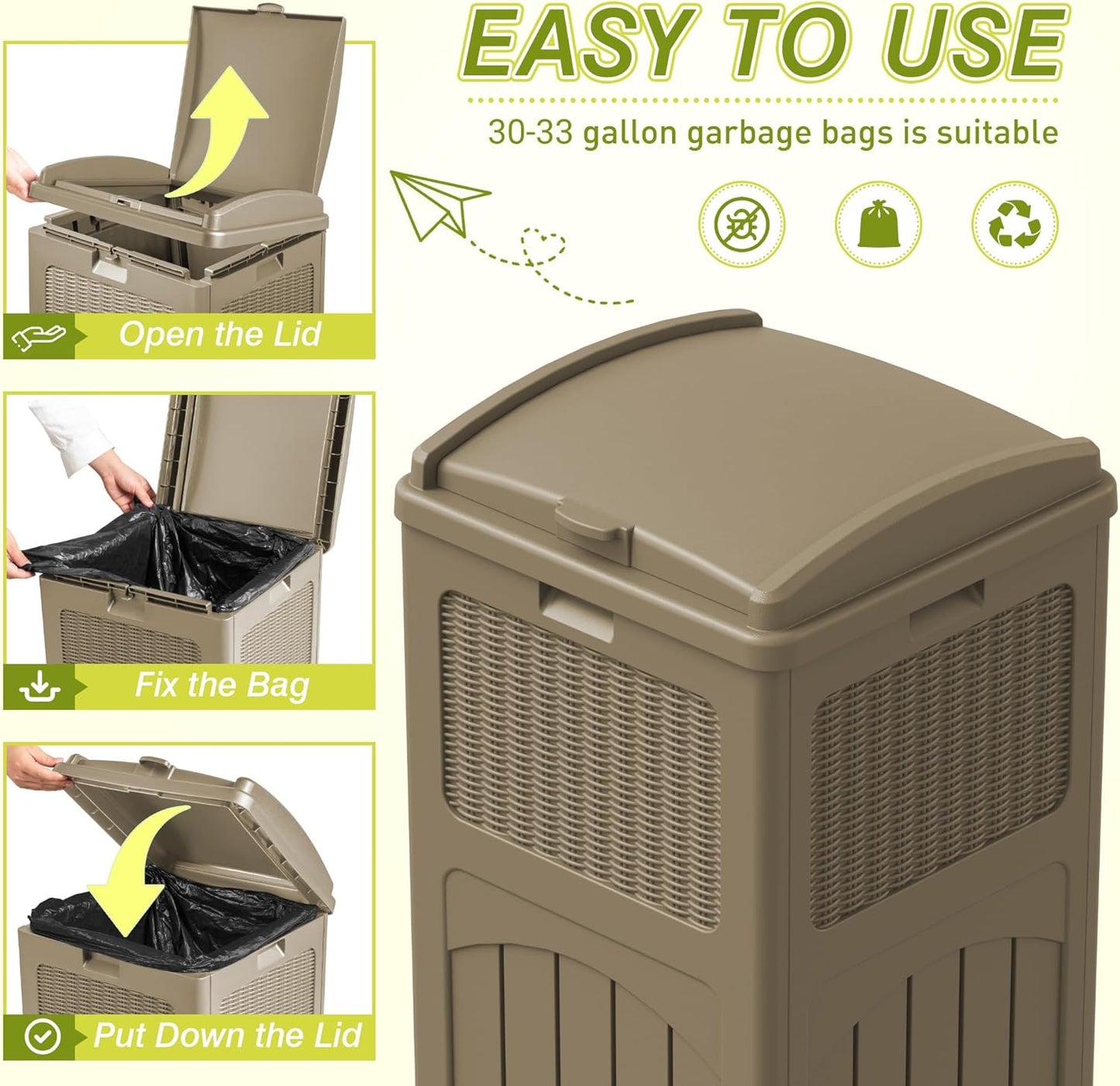 Greesum 33 Gallon Resin Outdoor Trash Can with Lid, Waterproof Resin Garbage Bin for Hideaway, Patio, Deck, Light Brown