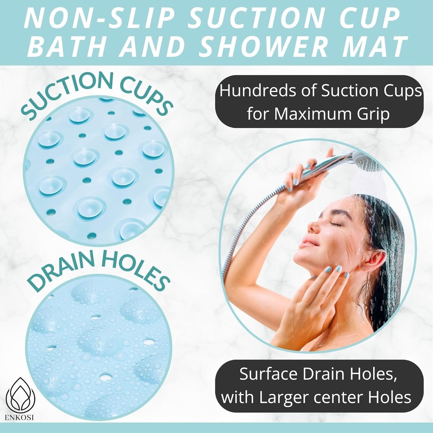 ENKOSI Bath Mat - Large Non Slip Bathtub & Shower Mat - Extra Long 40 x 16 Inch Bathroom Mats for Tub Nonslip Anti Slip Bathmats (40x16 Light Blue 1-Pack)