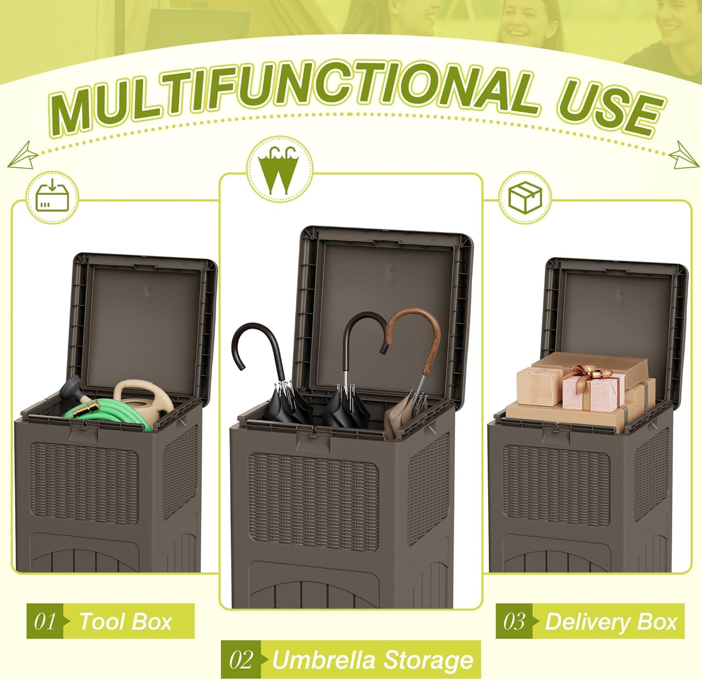 Greesum 33 Gallon Outdoor Trash Can with Lid, Waterproof Resin Garbage Bin for Hideaway, Deck, Patio, 3 Pack, Dark Brown