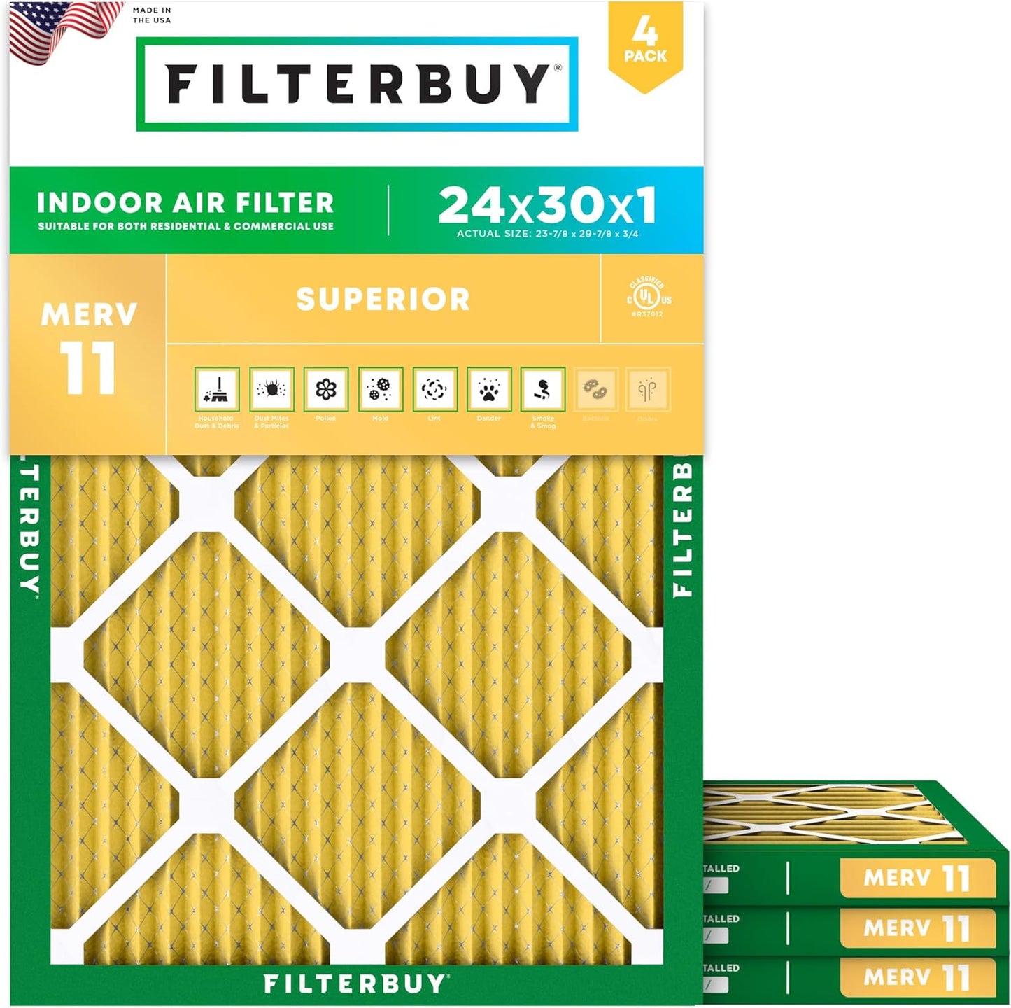Filterbuy 24x30x1 Air Filter MERV 11 (MPR 1200) Allergen Defense Replacement (4-Pack), Electrostatic Pleated HVAC AC Furnace Filters, Made in USA (Actual Size: 23.88 x 29.88 x 0.75)