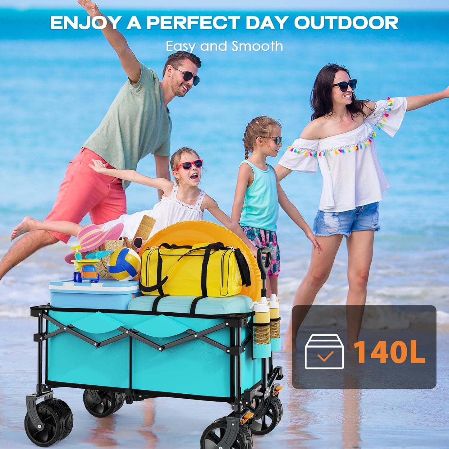 Collapsible Wagon Cart Heavy Duty Foldable, Folding Beach Wagon with Big Wheels for Sand, Utility Grocery Cart with Side Pocket and Brakes for Sports Outdoor Activities, Light Blue