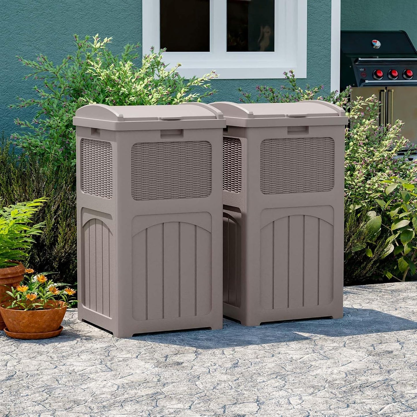 Patiowell 36 Gallon Outdoor Trash Can, Resin Outdoor Garbage Can with Lid for Patio, Backyard, Deck, Light Brown （2 Pack）