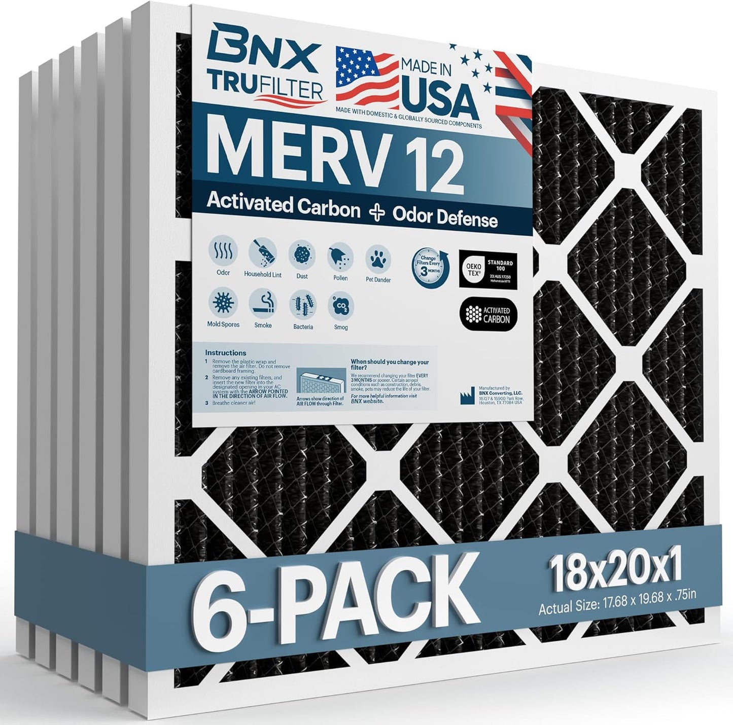 BNX TruFilter 18x20x1 MERV 12 Odor Defense (6-Pack) AC Furnace Air Filter with Activated Carbon - MADE IN USA - Pleated Air Conditioner HVAC AC Furnace Filters - Removes Odor, Mold, Bacteria, Smoke