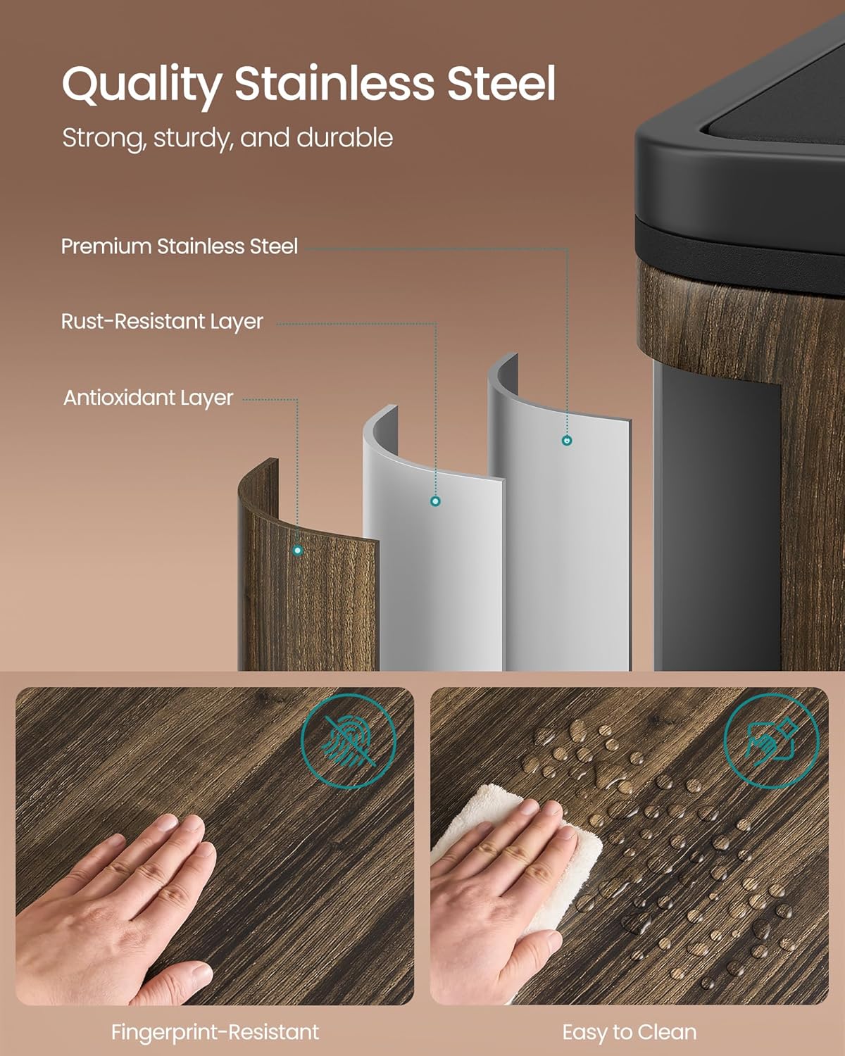 SONGMICS Trash Can, 2 x 8-Gallon Garbage Can for Kitchen, with 15 Trash Bags, 2 Compartments, Plastic Inner Buckets and Hinged Lids, Airtight, Dark Walnut ULTB060N02V1