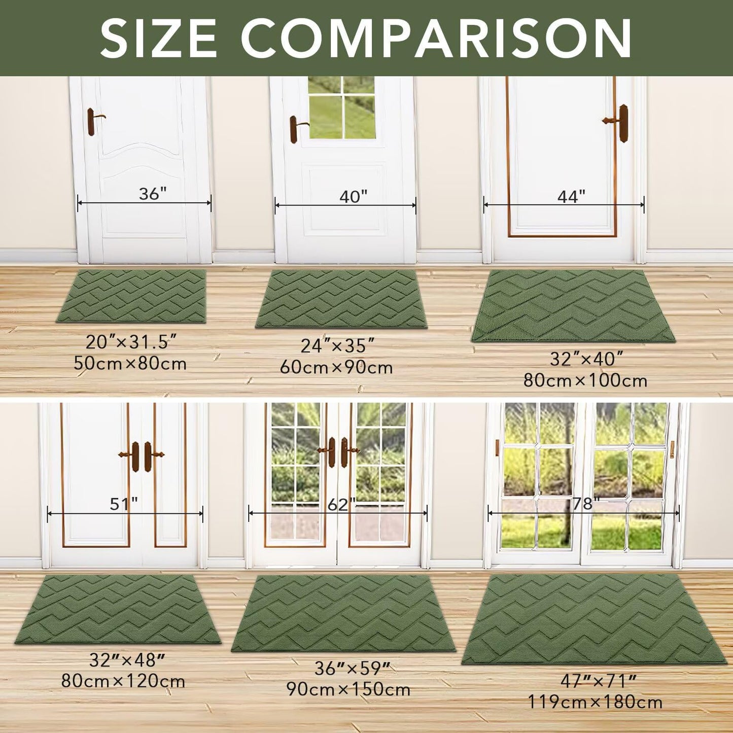 hicorfe Front Door Mat Outside Entrance,36"x59" Absorbent Muddy Dirt Resist Welcome Door Mats Outdoor Indoor,Stain and Fade Resistant,Non Slip Backing Entry Mat Doormat for Entryway(Green)