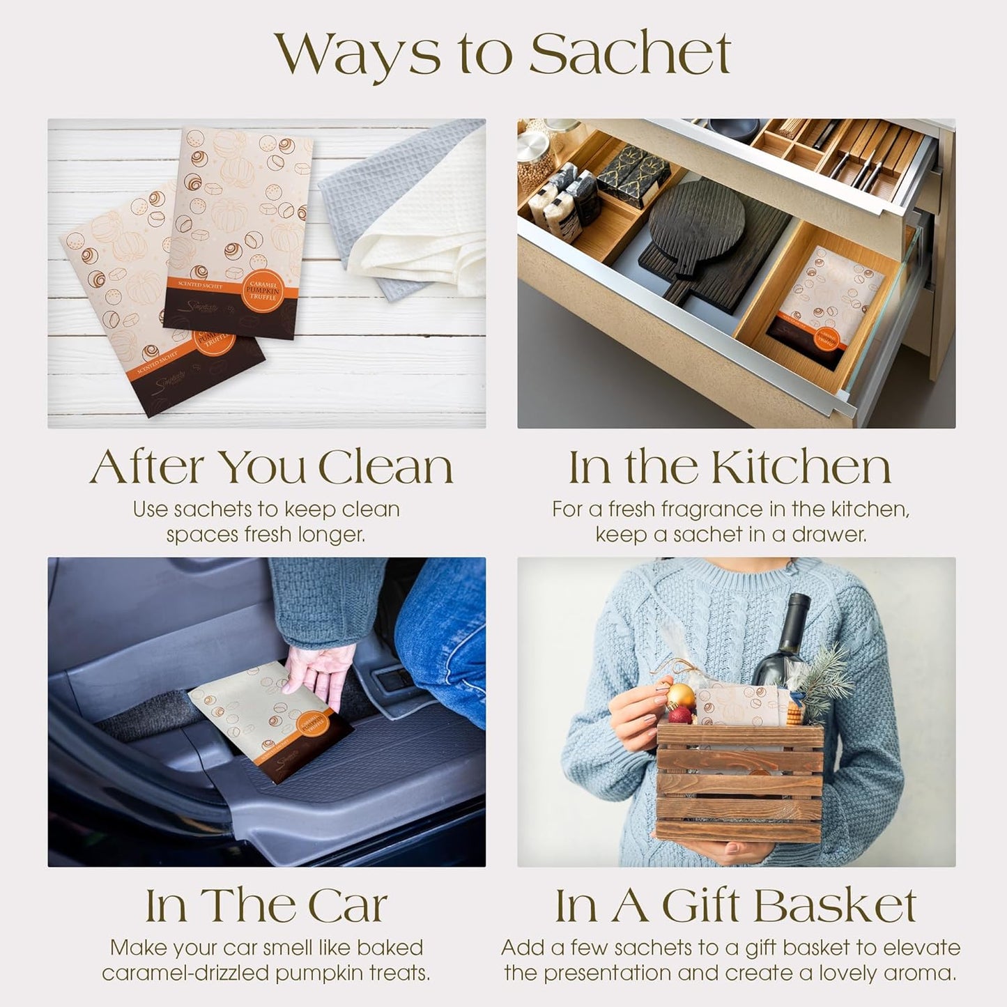 Floral Simplicity Caramel Pumpkin Truffle Scented Sachets Pack of 6, Fall & Winter - Long-Lasting Scented Bags, Home Fragrance, Air Freshener & Deodorizer for Closet, Room, or Cars, Made in USA