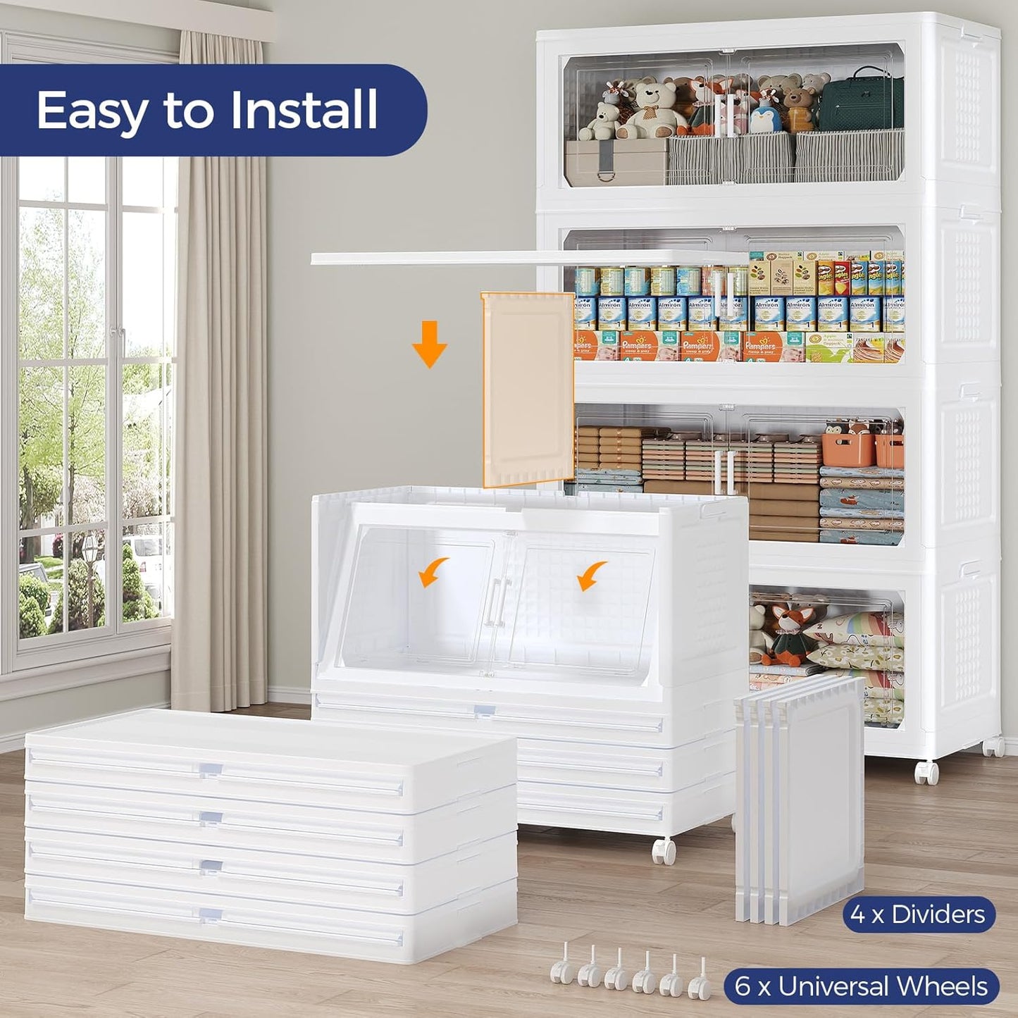 200GAL Storage Bins with Lid and Wheels, Stackable Closet Organizers and Storage Drawer, Collapsible Storage Box with Dividers, Foldable Plastic Cabinets Cubes Totes for Garage, 5 Pack White