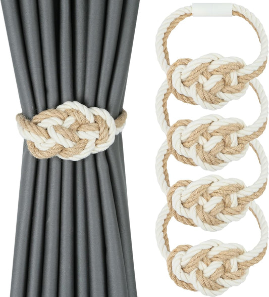 4 Pack Natural Jute Magnetic Curtain Tiebacks, Boho Rustic Style Decorative Curtain Ties Backs for Home & Office Drapery