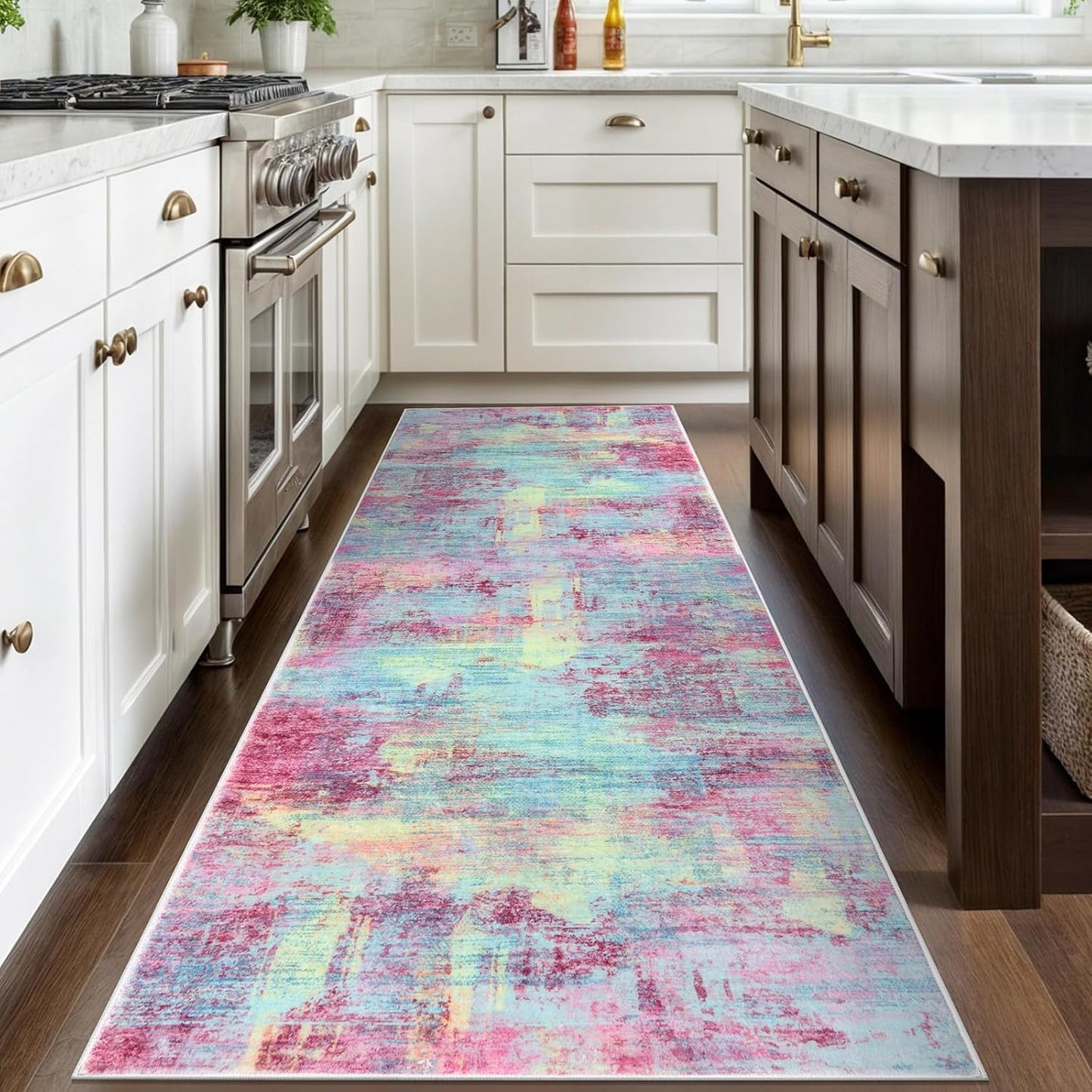 IOHOUZE Abstract Runner Rug 3x8 Ft Washable Runners for Hallways, Non Slip Kitchen Runner Printed Faux Wool Entryway Runner Indoor, Modern Abstract Floor Carpet for Hall Kitchen Bedroom, Pink Teal
