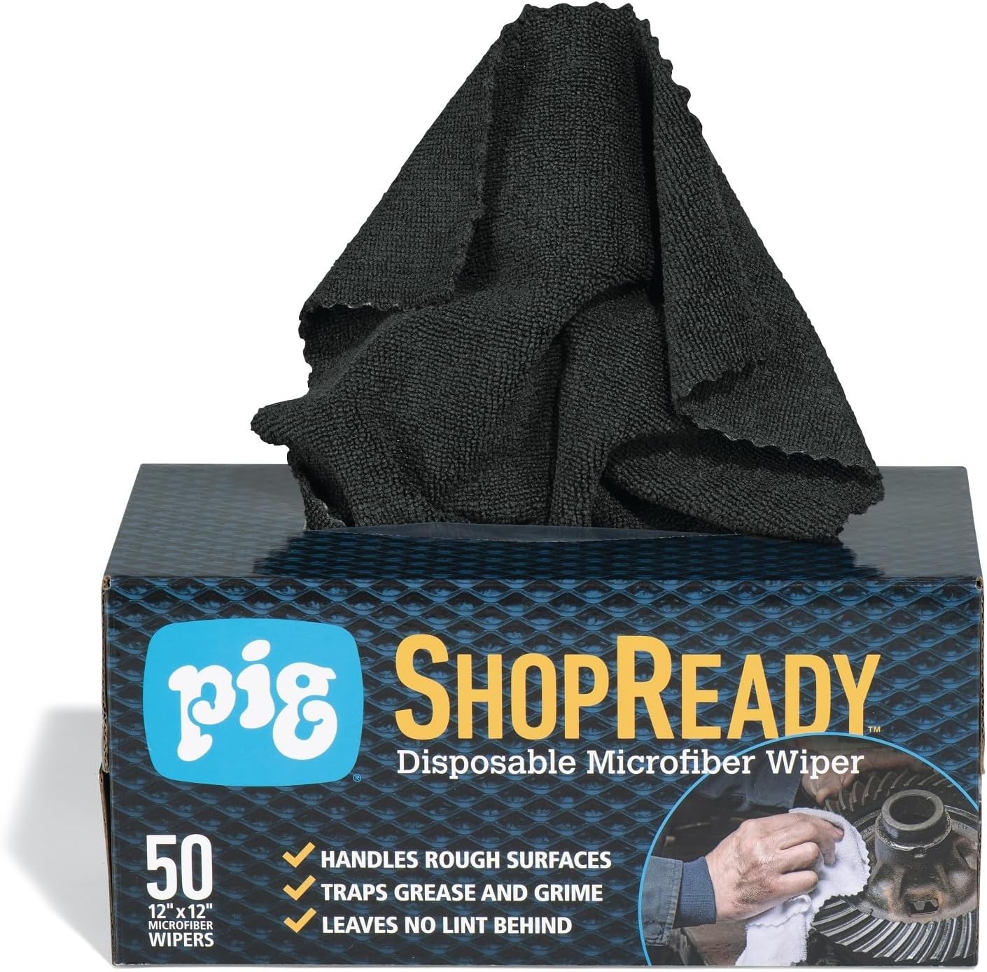 PIG ShopReady Microfiber Wipers| Durable Low-Lint Microfiber Rags | 50 per Box | 12" W x 12" L | Black | PM50808-BK
