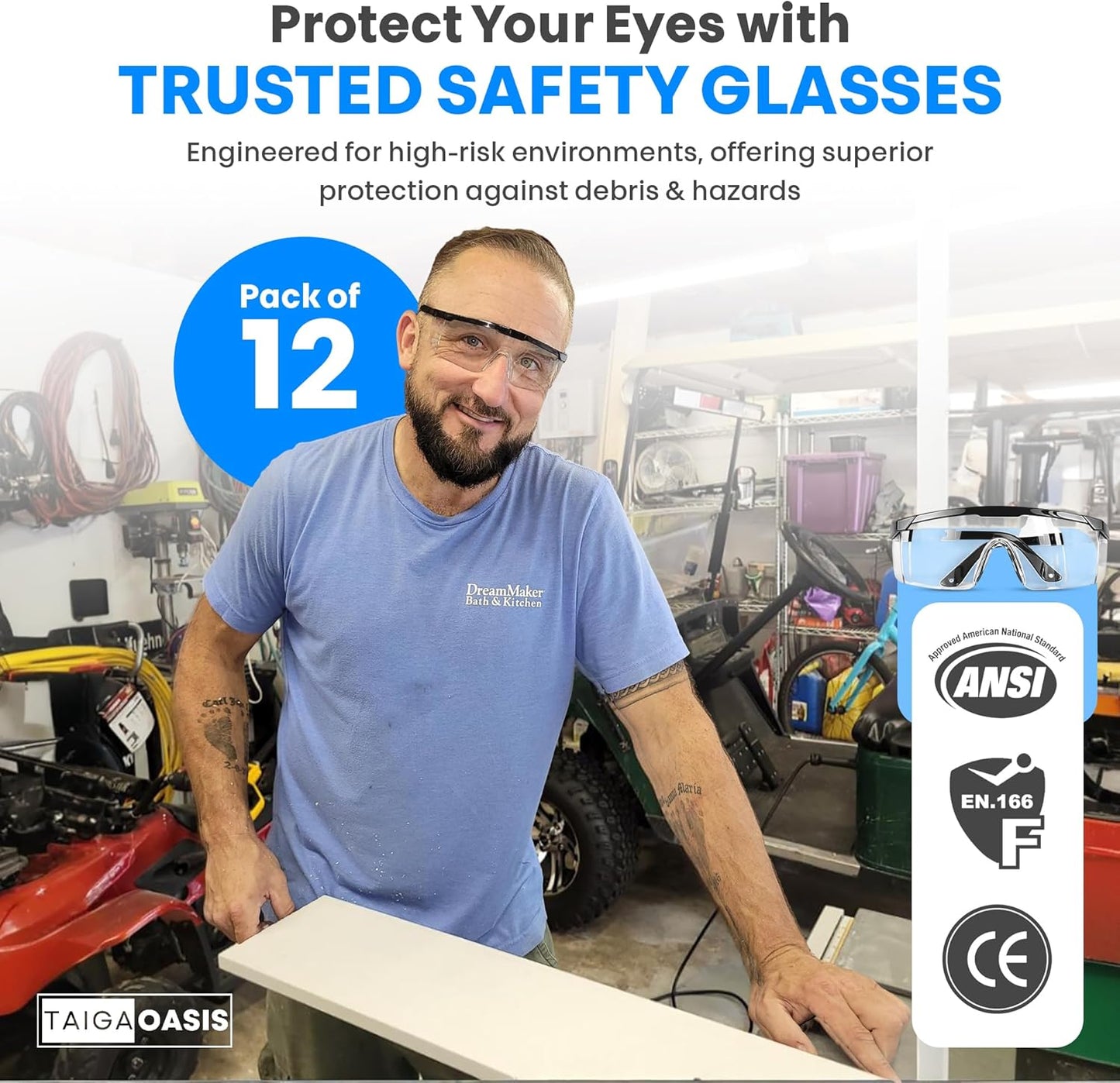 Safety Glasses, Full Coverage Lens, Built-in Brow Guard, UV Resistant, Anti-Fog, Anti-Scratches, Impact Resistant, Adjustable Side Frames, One Size Fits All, 12 Pack