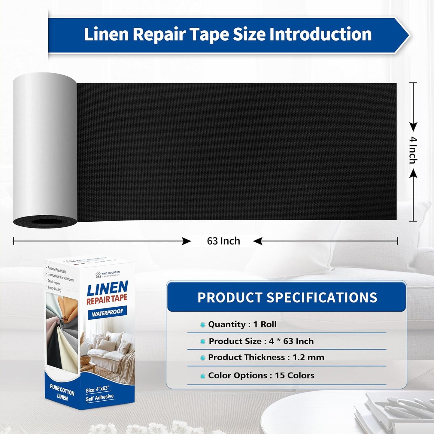 KING MOUNTAIN Linen Repair Patches, Self-Adhesive Fabric Patches, 4 X 63 inch Extra Size, Multi Color, Can be Used for Sofa Repair and Linen Clothes Repair (Black)