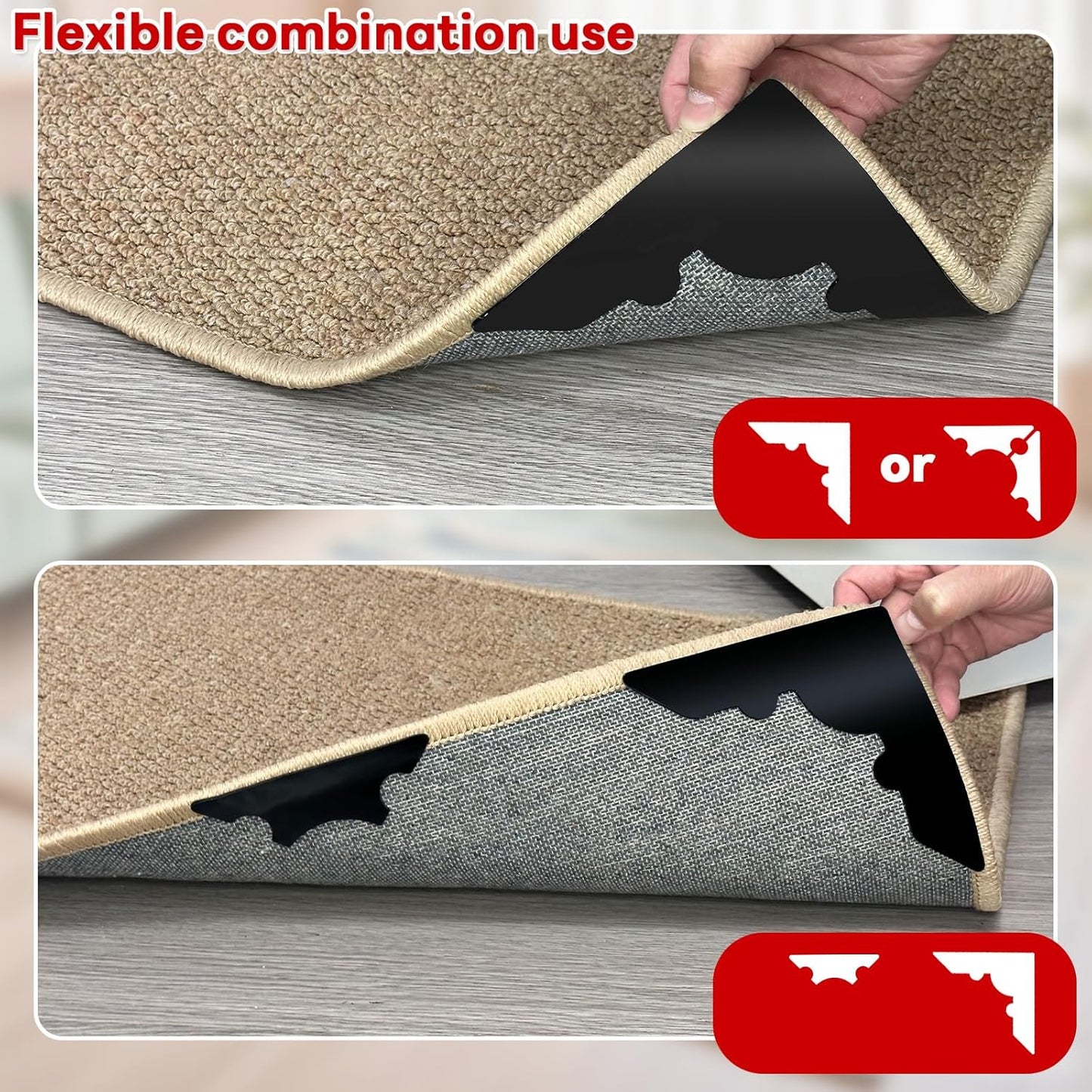 Rug Non Slip Grippers, Reusable Rug Tape Pads for Hardwood Floors and Tiles, Strong Carpet Gripper for Area Rugs, No Damaging for Floor, 8Pcs