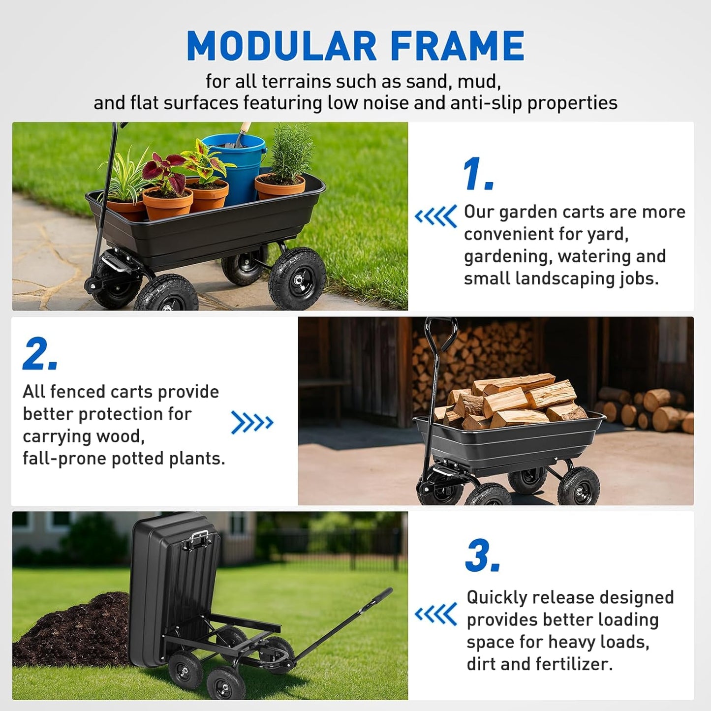 Yesker Garden Carts - 600lbs Dump Wagon with All Terrain Inflatable Wheels for Yard Lawn Farms Gardening - Heavy Duty Utility Outdoor Hauling Wheelbarrow