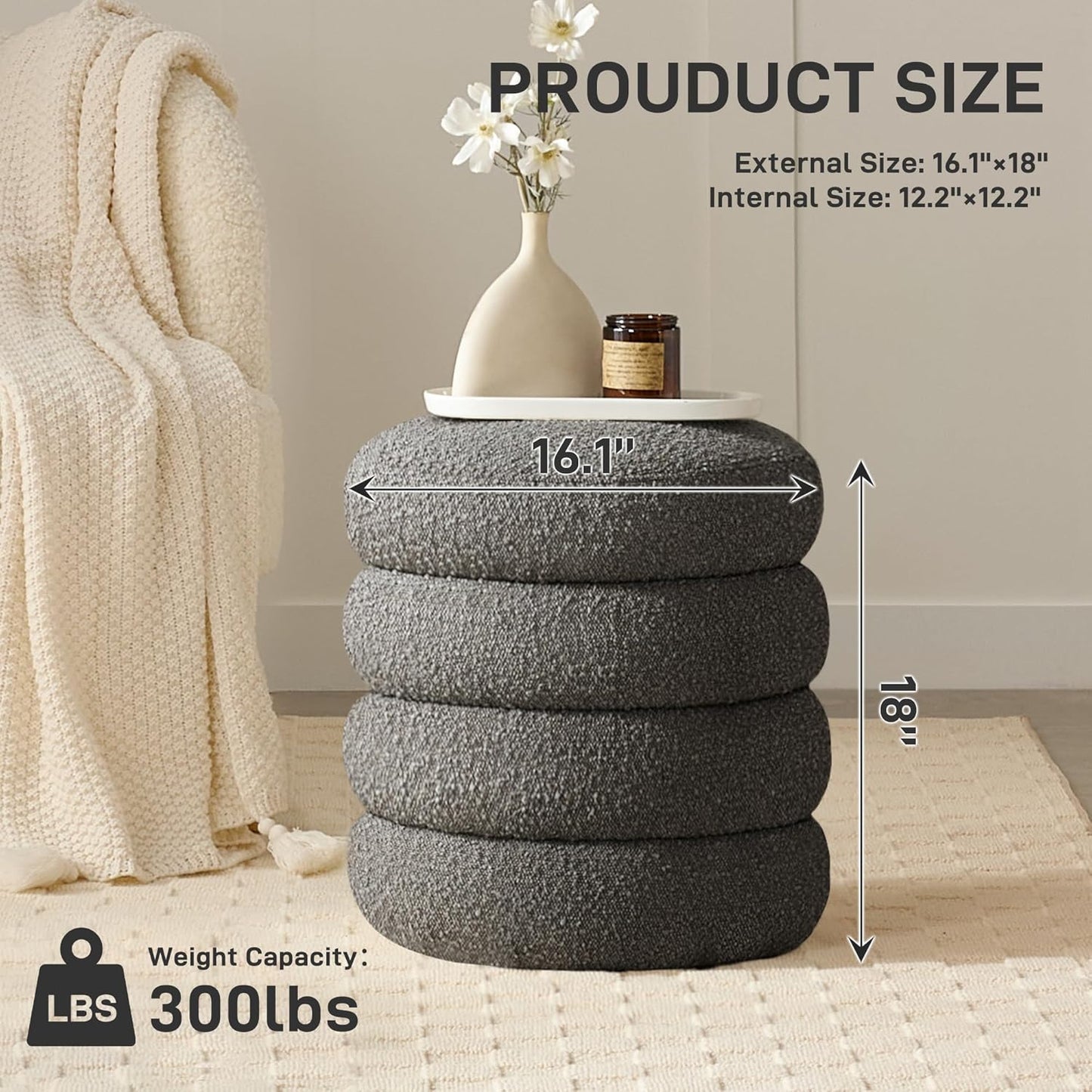 Round Ottoman with Storage Boucle Ottoman Stool with Storage Removable Lid for Living Room Modern Vanity Sorage Stool Foot Rest Bedroom Dorm Gift Set of 1 (Grey)