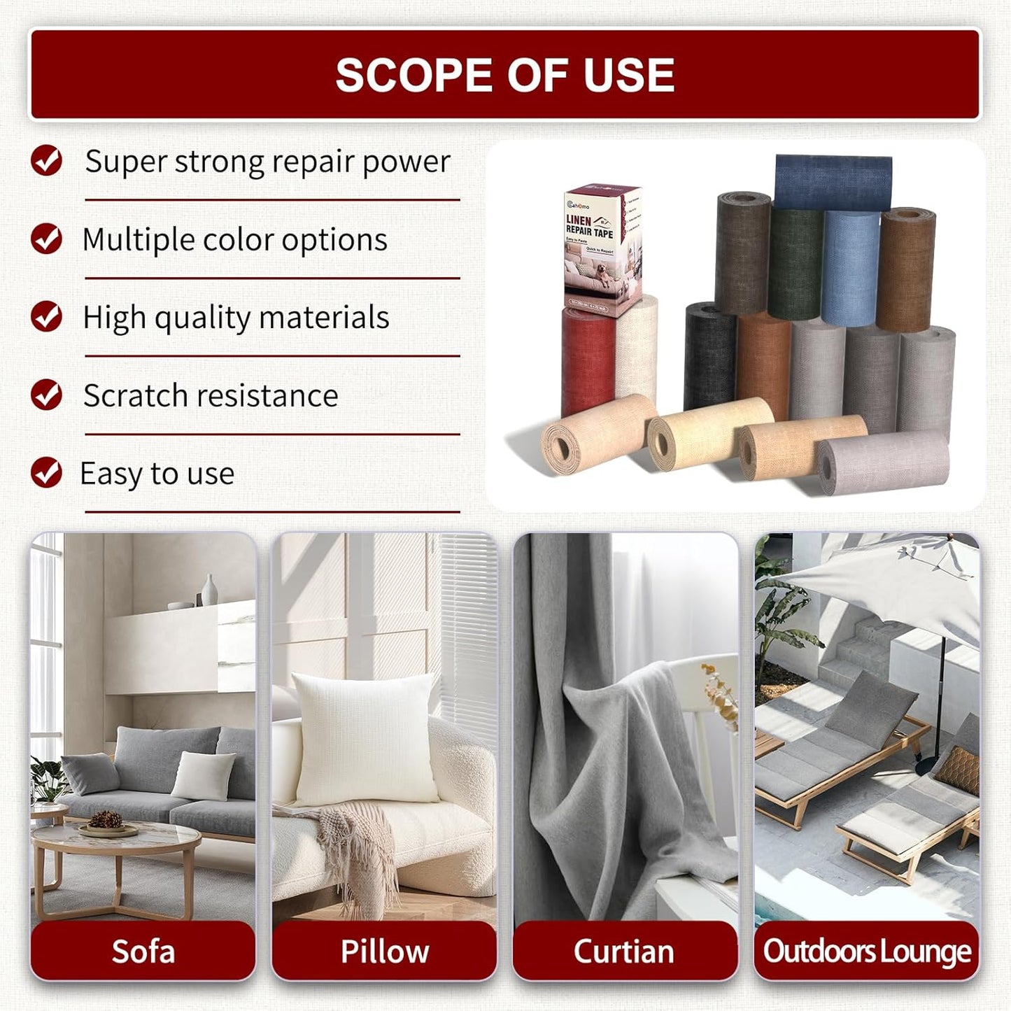 Linen Repair Tape 4x79 inch, Self Adhesive Fabric Patches, Linen Patch Tape Kit, Fabric Repair Tape for Couch Sofas, Headboards, Chairs, Pillows, Curtains, Couches - Dark Red