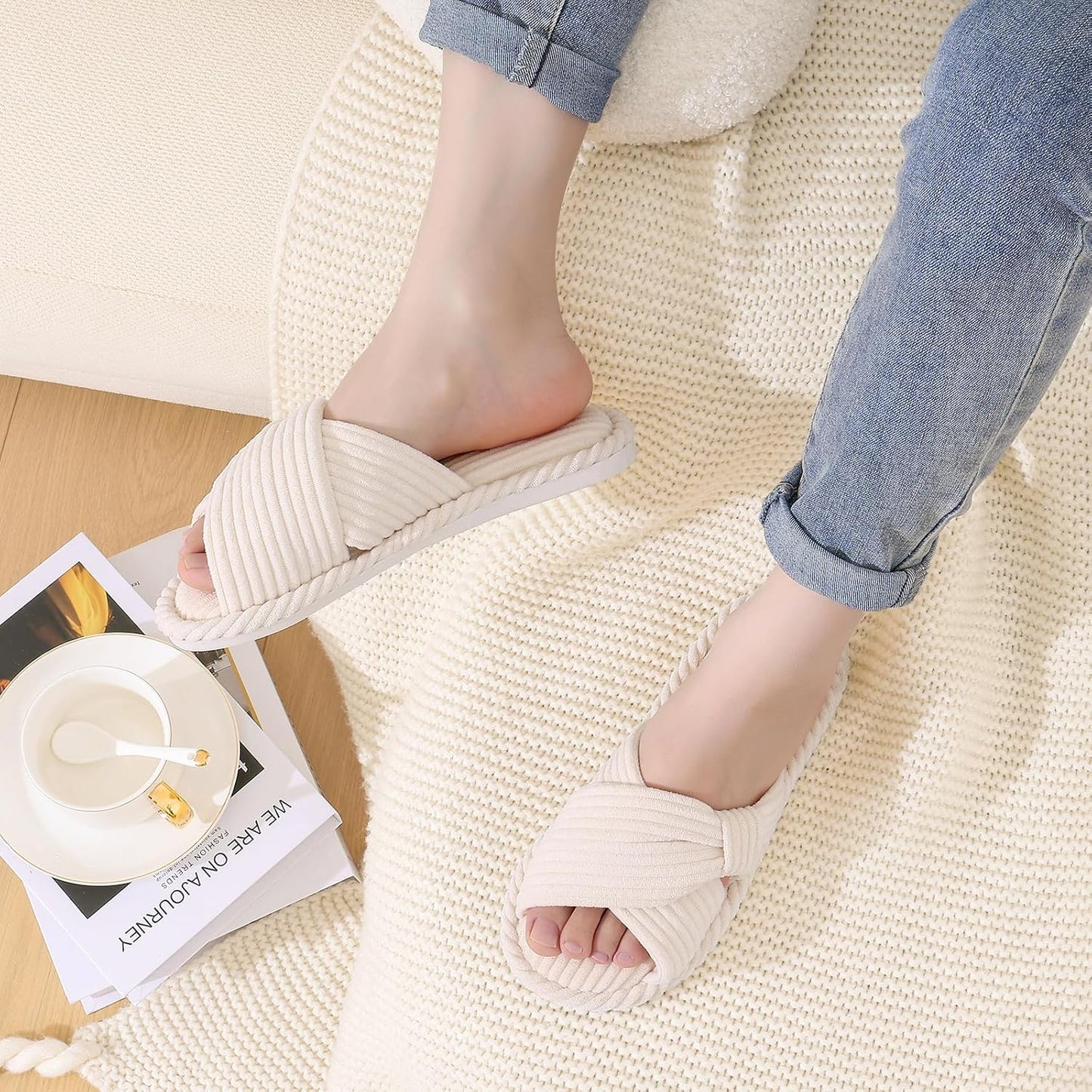 Evshine Summer House Slippers for Women Corduroy Cross Bow Indoor Slippers Open Toe Slip On Bedroom Shoes with Memory Foam