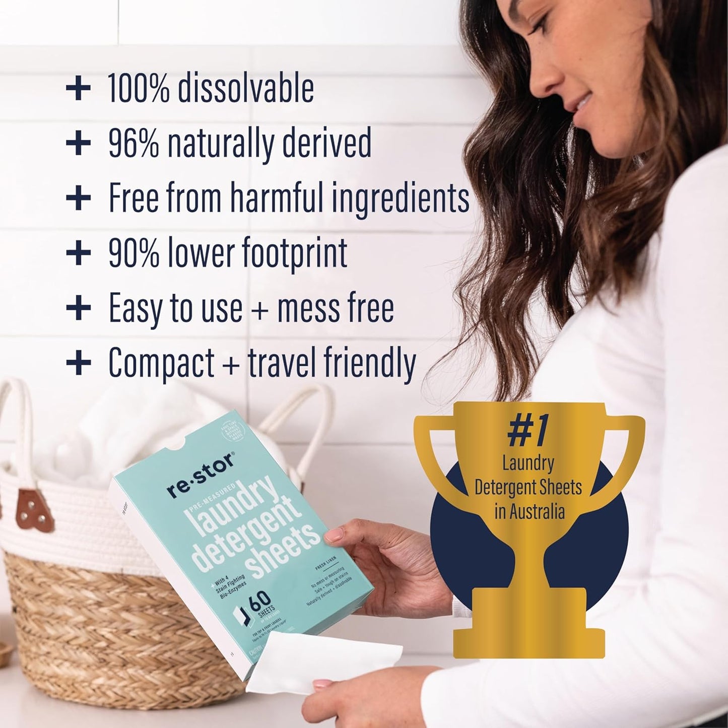 restor Laundry Detergent Sheets Fresh Linen 60 Loads | Eco Friendly Plastic Free Travel Laundry Washer Sheets | Superior Stain Fighting Washing Detergent sheets Number One in Australia