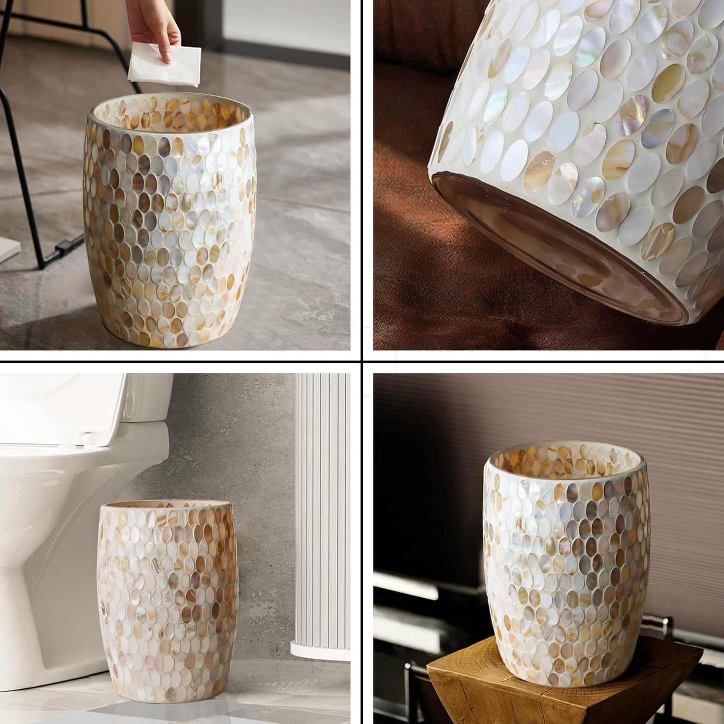 Escenzy Natural Shell Bathroom Trash Can Mosaic Glass 5L | Decorative Small Garbage Can | 7" x 10" | Luxury Waste Basket for Restroom, Office, Bedroom & Kitchen | Shiny Glass Bathroom Accessories