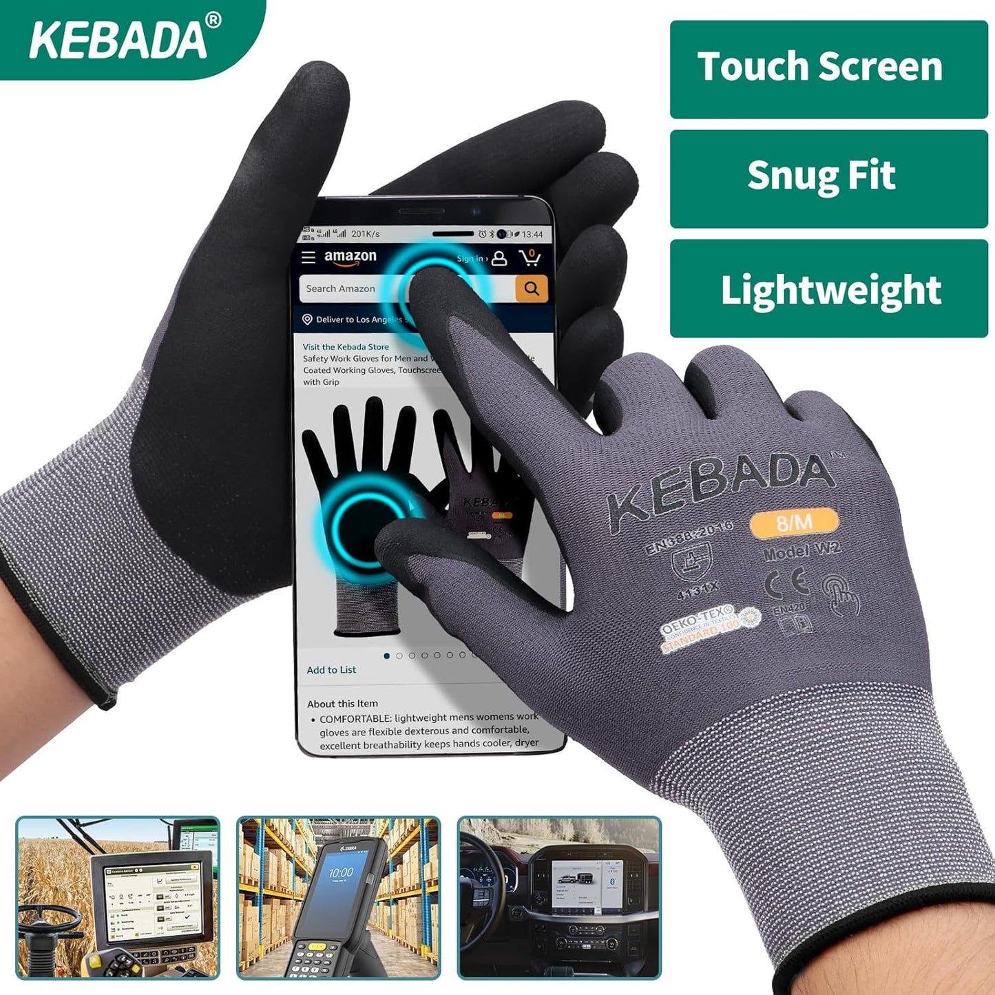 Kebada W2 Safety Work Gloves, Micro-Foam Nitrile Coated Gloves, Touchscreen,Ideal for Package Handling, Gardening, Construction, 1 Pair Small