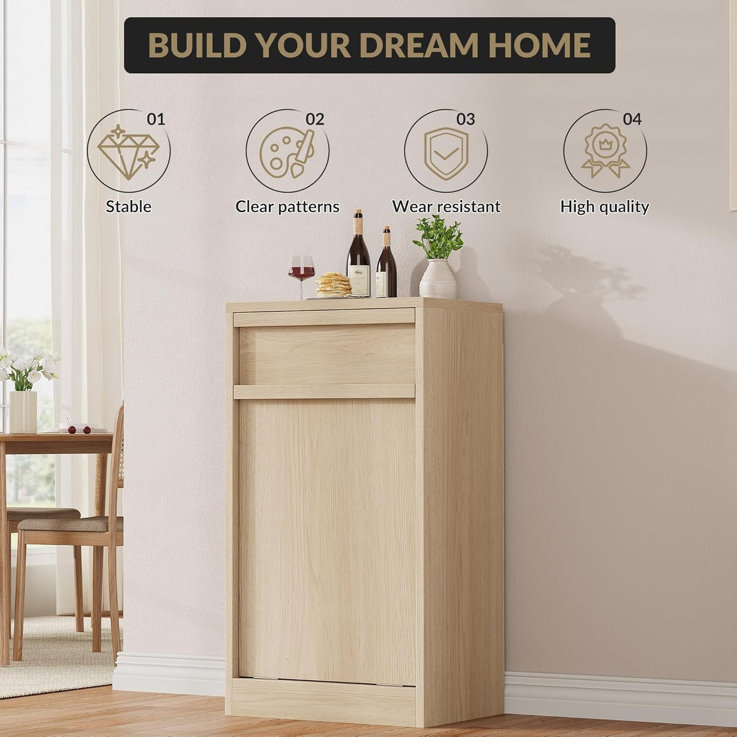 Tilt Out Trash Cabinet, Natural Wood Hidden Garbage Can Cabinet for 10 Gallon Bins, Modern Pet-Proof Trash Cabinets for Kitchen, Dining, Living Room Storage