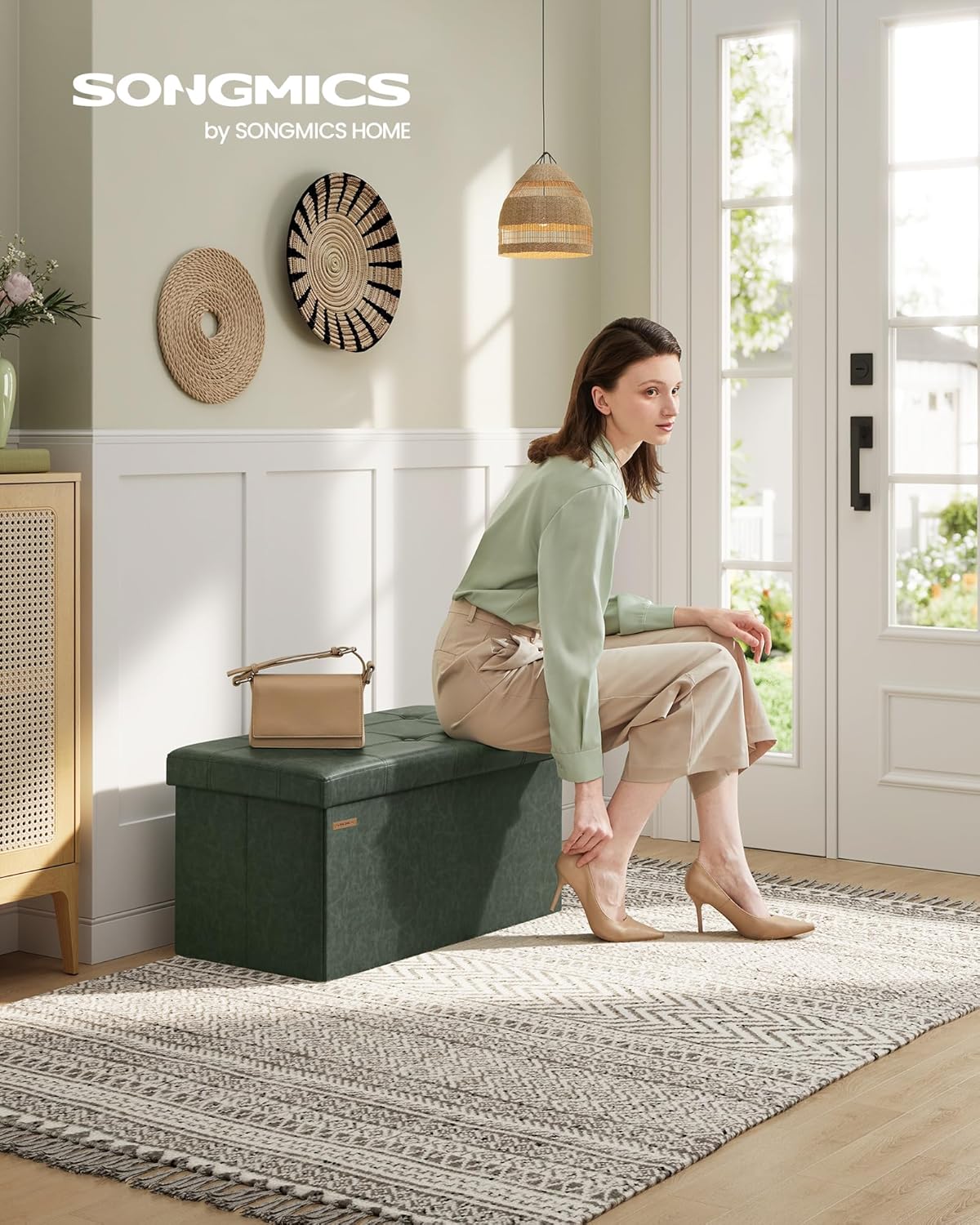 SONGMICS Mazie Collection - 30 Inches Folding Storage Ottoman Bench, Ottoman with Storage, Foot Rest Stool, Load 660 lb, for Living Room, Synthetic Leather, Forest Green ULSF040C01