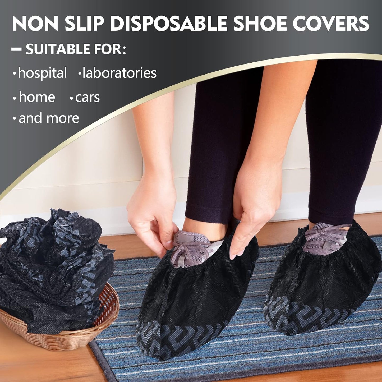 Zhanmai 300 Pack Disposable Shoe Covers Non Slip Disposable Large Foot Booties Shoe Covers for Indoors Contractors Floor and Carpet Protectors, One Size Fits Most(Black)