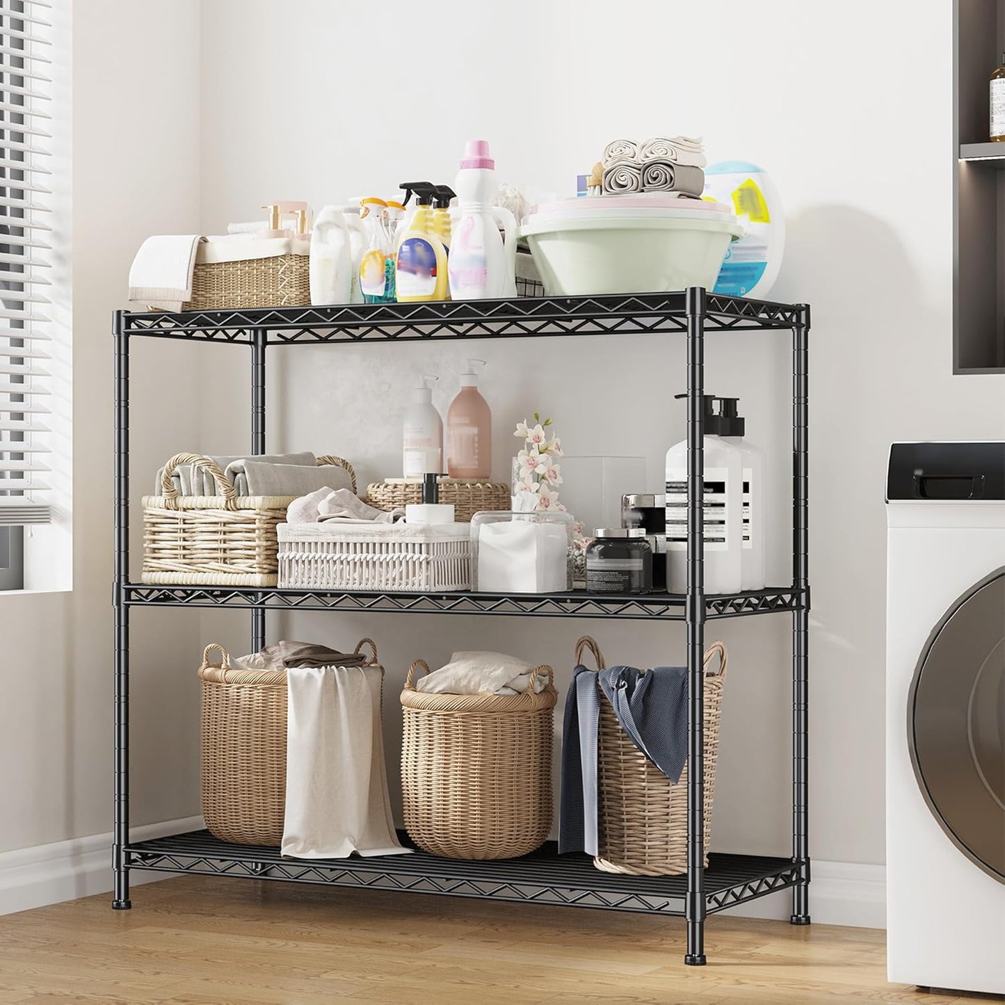 3- Shelf Metal Shelving Unit 35.6Wx14Dx36H Adjustable Storage Shelves Heavy Duty Garage Shelving Steel Wire Shelving for Laundry Bathroom Kitchen Pantry Closet Garage Black
