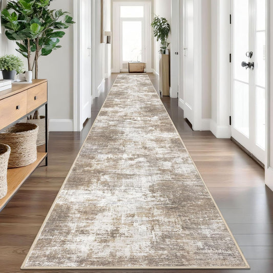 IOHOUZE Abstract Runner Rug 3x20 Ft Extra Long Washable Runners for Hallways, Non Slip Kitchen Runner Printed Faux Wool Entryway Runner Indoor, Modern Abstract Floor Carpet for Hall Stair, Beige Brown