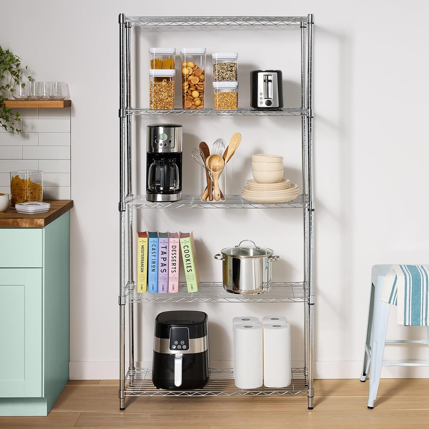 Amazon Basics 5-Shelf Adjustable Heavy Duty Steel Wire Rack Storage Shelving Organizer for Kitchen, Garage, 36" L x 14" W x 72" H, Chrome