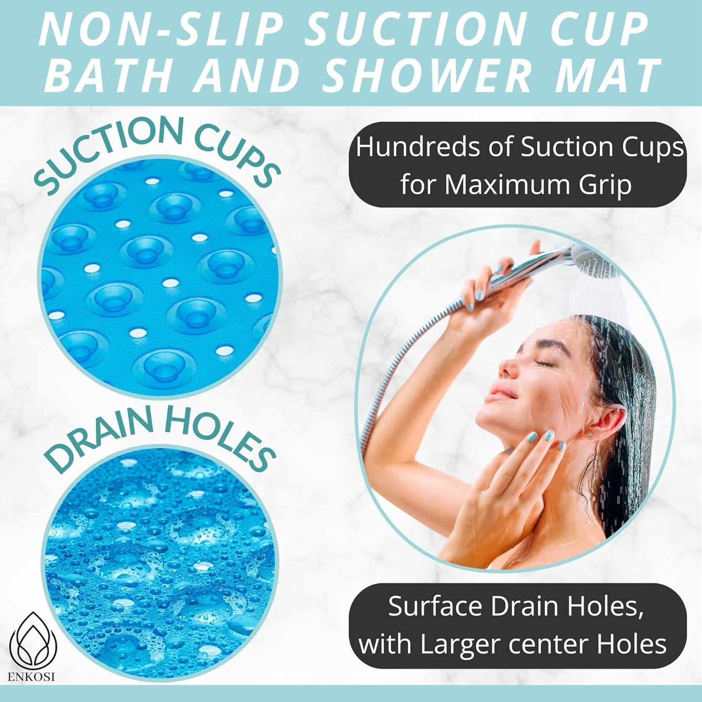 ENKOSI Bath Mat - Large Non Slip Bathtub & Shower Mat - Extra Long 40 x 16 Inch Bathroom Mats for Tub Nonslip Anti Slip Bathmats (40x16 Clear Blue 1-Pack)