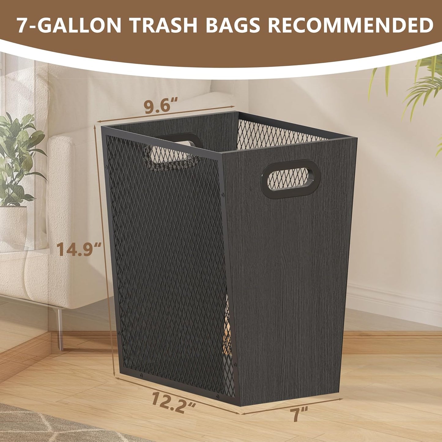 Piskyet Black Office Trash Can for Near Desk,7 Gallon Unique Wood Bedroom Garbage Can,Vintage Wastebasket with Handle, Decorative Trash Can for Home Office,12.2" L x 9.6" W x 14.9" H
