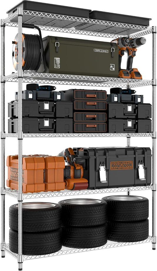 MZG 1750 lbs 5 Tier Storage Rack Metal Wire Shelving Unit, Storage Standing Household Shelf Organizer for Kitchen Pantry Closet Garage Basement Utility Room, Chrome 15.8" D x 45.3" W x 70.4" H
