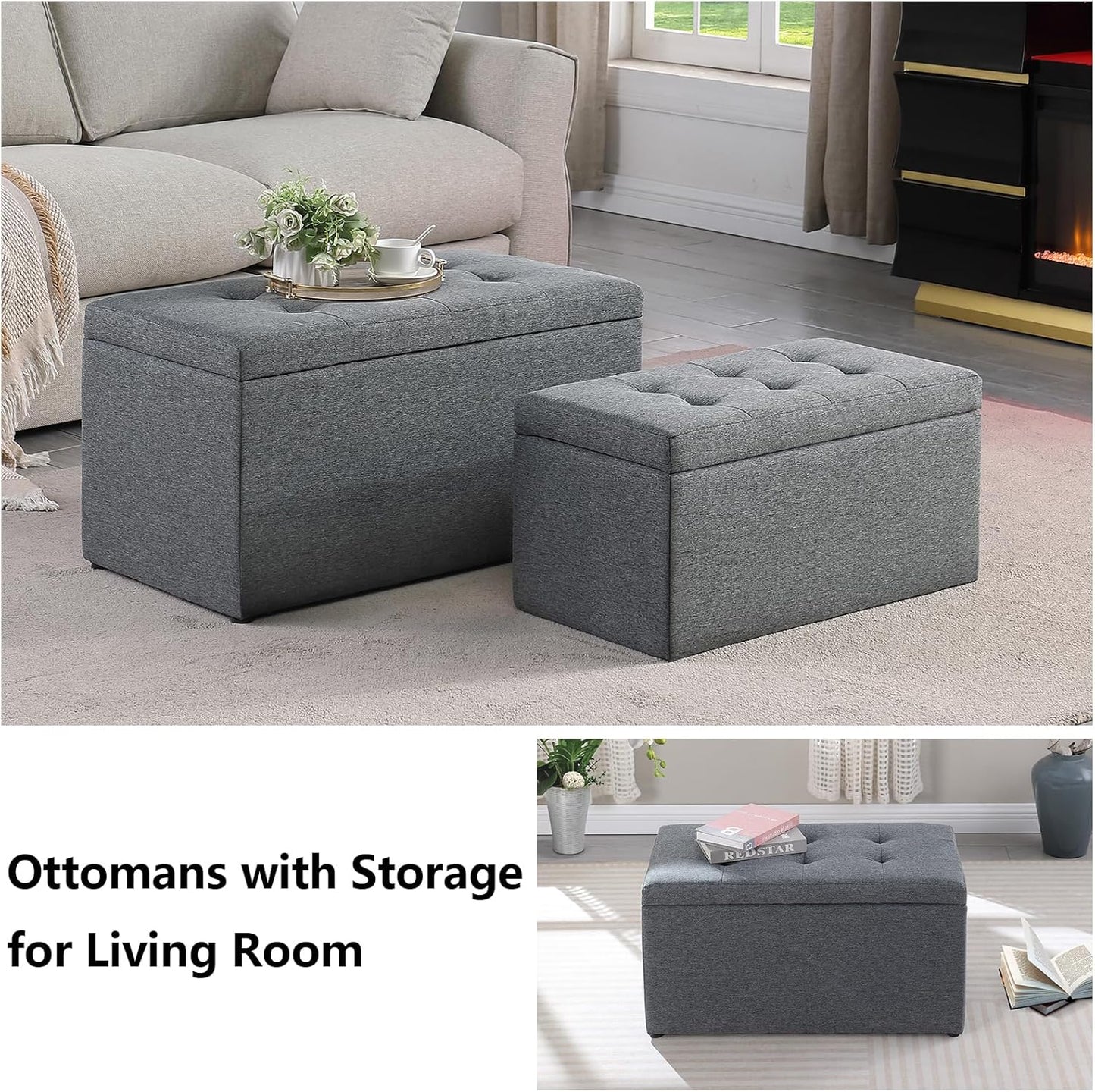 Storage Ottoman Bench with 2.56-inch Thick Seat, 31.5 inch Nesting Ottoman Set of 2, Hinged Flip Top Bench with Storage for Living Room, Bedroom, Grey