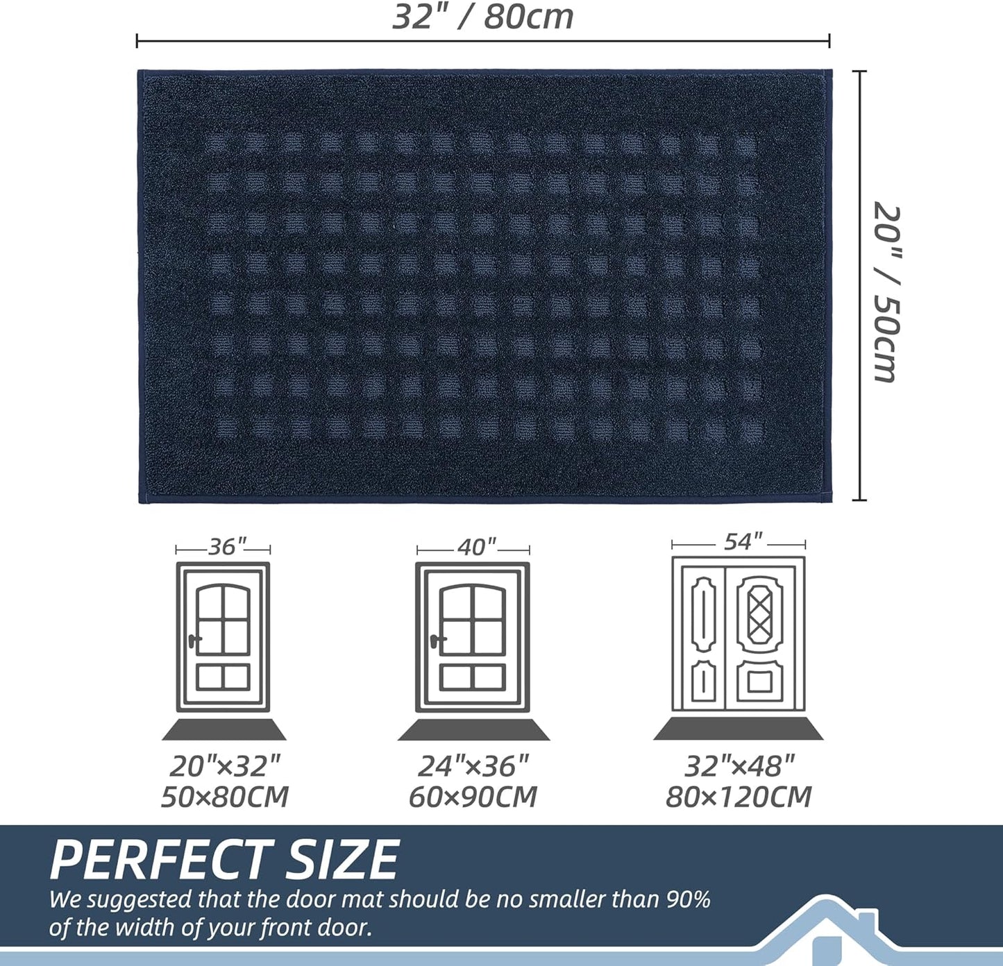 BEQHAUSE Waffle Door Mats Indoor 20"x32", Dog Mat for Muddy Paws Absorbent and Dirt Resist Floor Mats Non-Slip Washable Rugs for Entryway, Welcome Mat for Front Back Door, Muddy Wet Shoes, Navy Blue