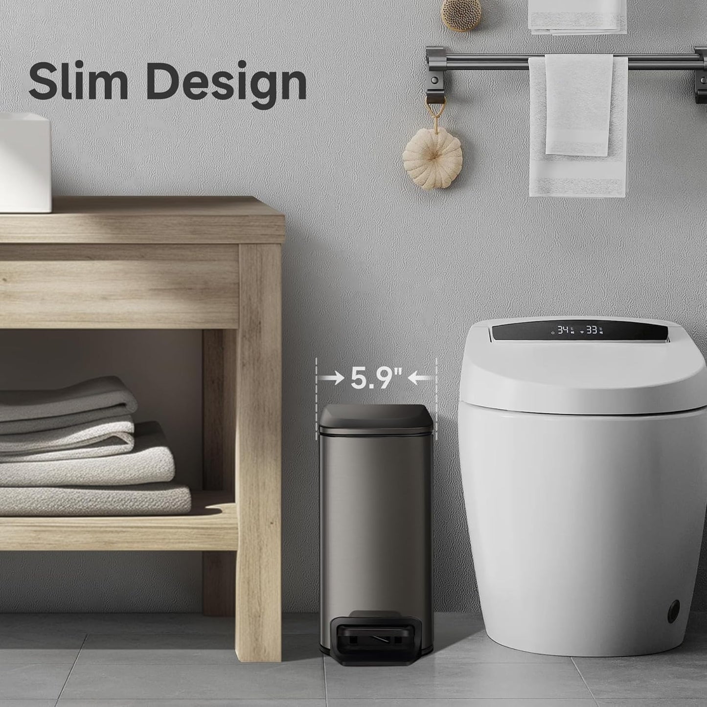 TIPGO Slim Bathroom Trash Can with Lid Soft Close, 6 Liter / 1.6 Gallon Stainless Steel Garbage Can with Removable Inner Bucket, Step Pedal, Small Trash Cans for Bedroom, Office, Kitchen (Black Gold)