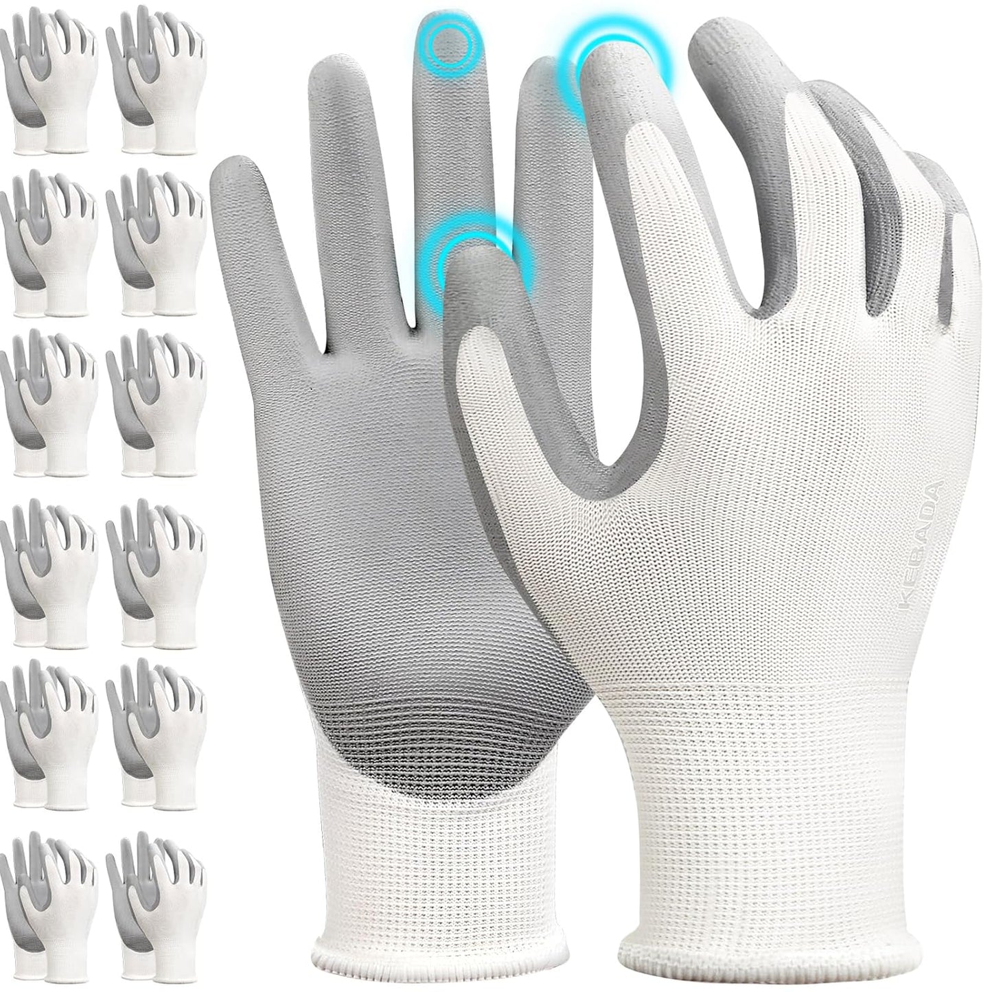 Kebada W1 Work Gloves for Men and Women, 12 Pairs Touchscreen Safety Gloves with Grip, PU-Coated, Ideal for Light & Medium Duty Tasks, White, Small